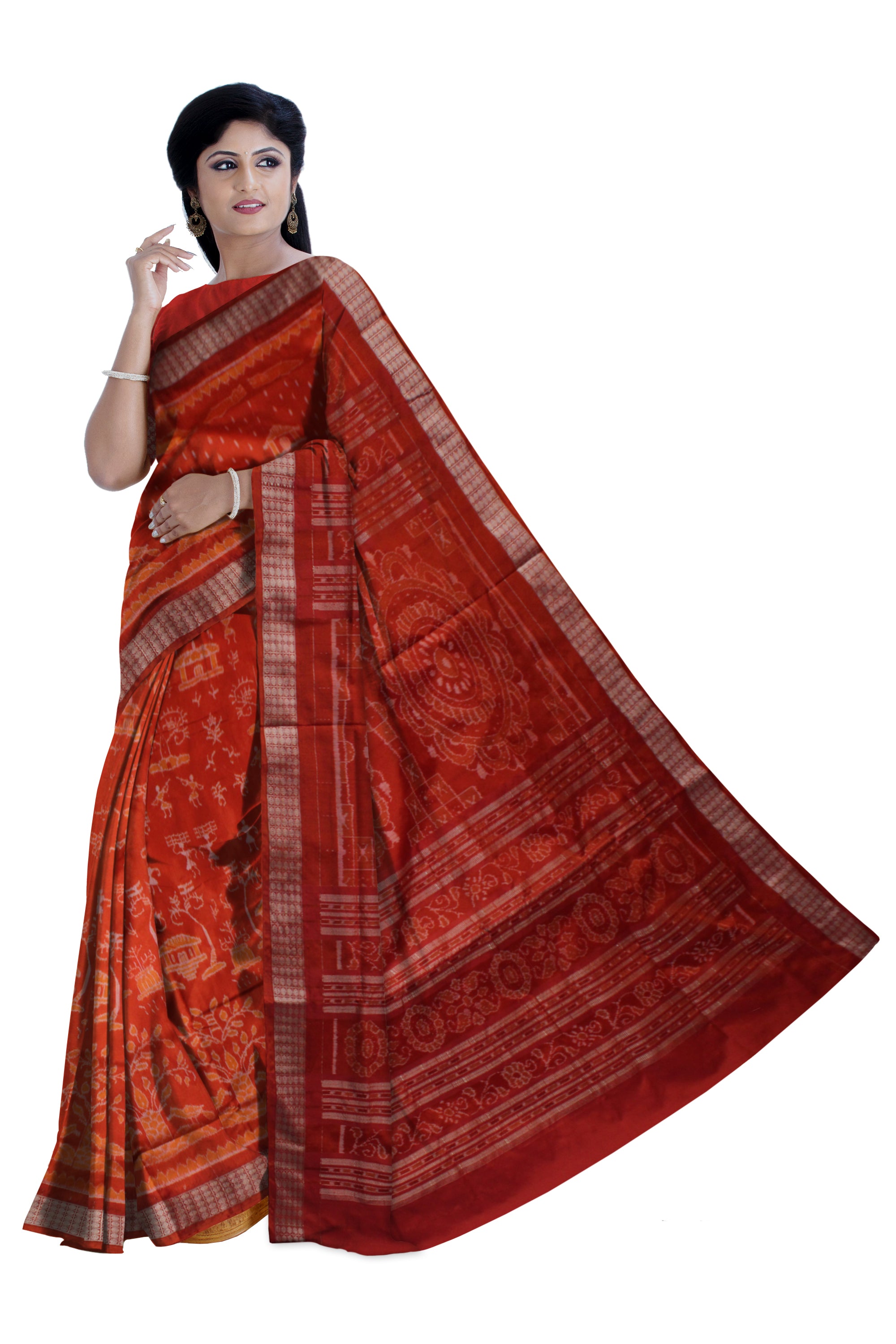 TRADITIONAL TERRACOTTA WITH VILLAGE PATTERN PATA SAREE IS ORANGE AND MAROON COLOR BASE,ATTACHED WITH MATCHING BLOUSE PIECE. - Koshali Arts & Crafts Enterprise