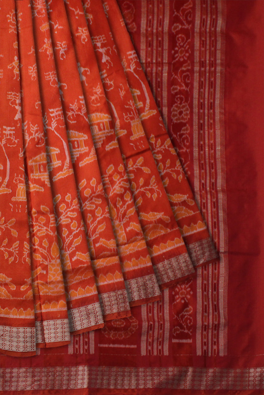 TRADITIONAL TERRACOTTA WITH VILLAGE PATTERN PATA SAREE IS ORANGE AND MAROON COLOR BASE,ATTACHED WITH MATCHING BLOUSE PIECE. - Koshali Arts & Crafts Enterprise