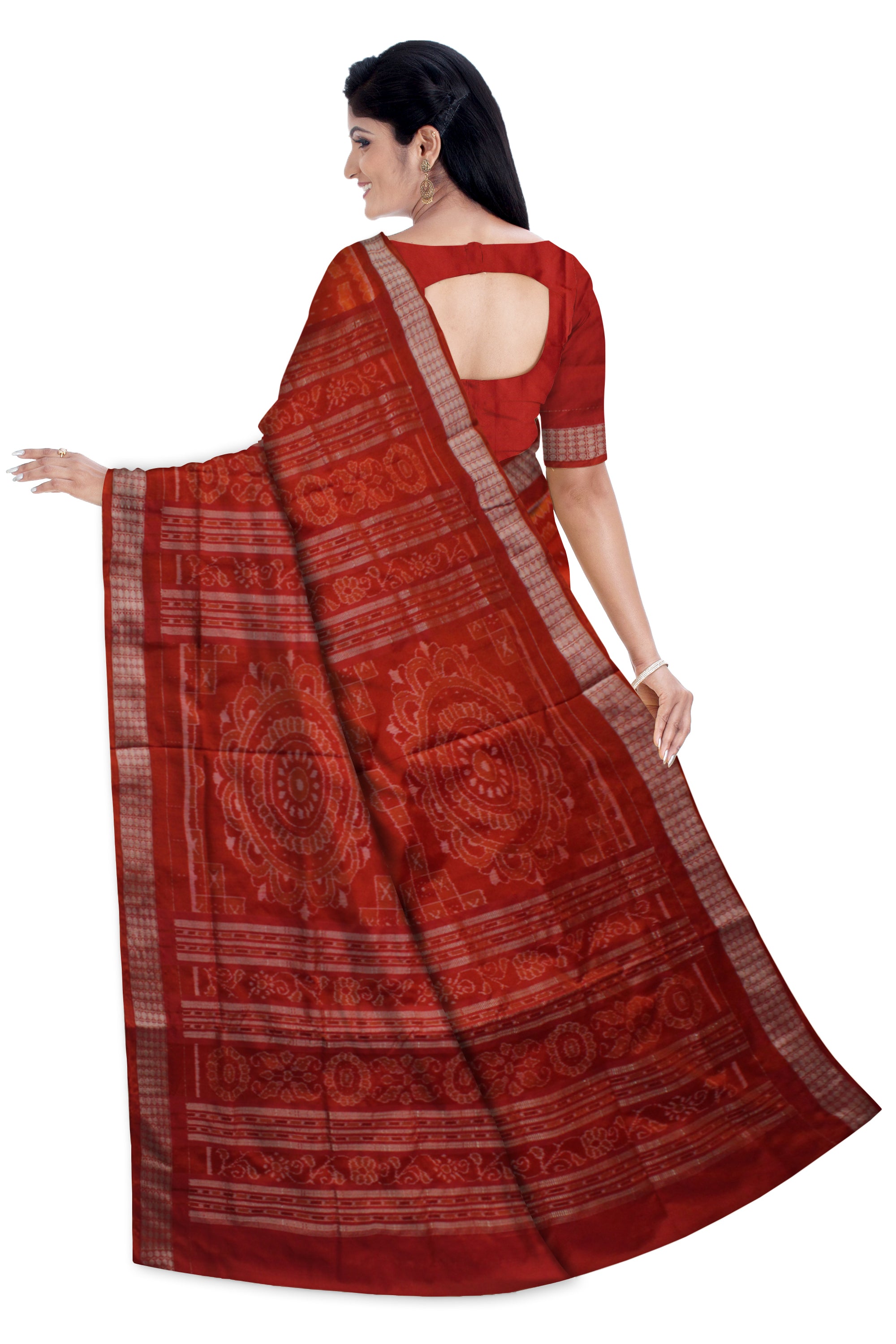 TRADITIONAL TERRACOTTA WITH VILLAGE PATTERN PATA SAREE IS ORANGE AND MAROON COLOR BASE,ATTACHED WITH MATCHING BLOUSE PIECE. - Koshali Arts & Crafts Enterprise
