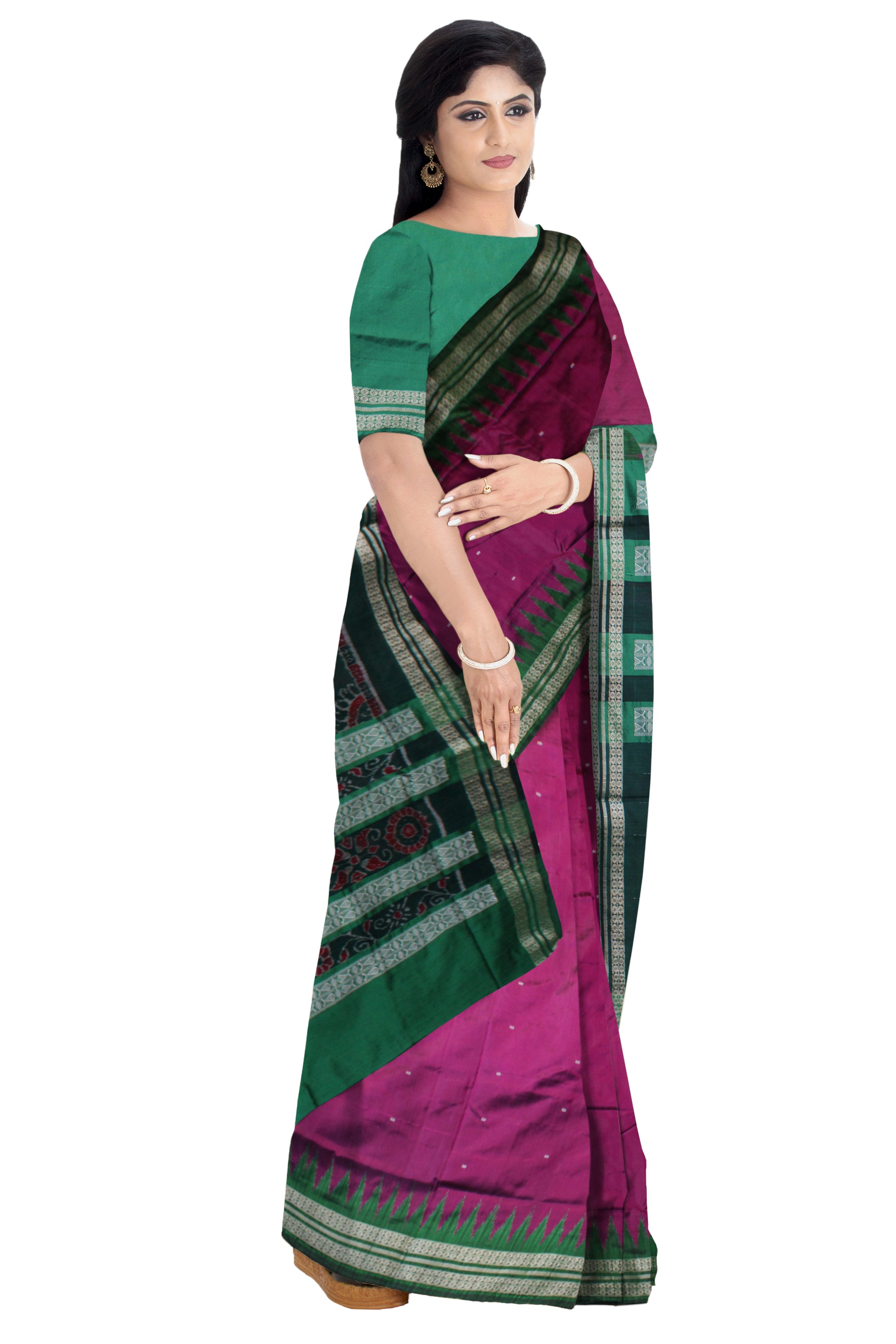 HANDLOOM SILK SAREE IS PINK AND GREEN COMBINATION WITH MATCHING BLOUSE PIECE. - Koshali Arts & Crafts Enterprise