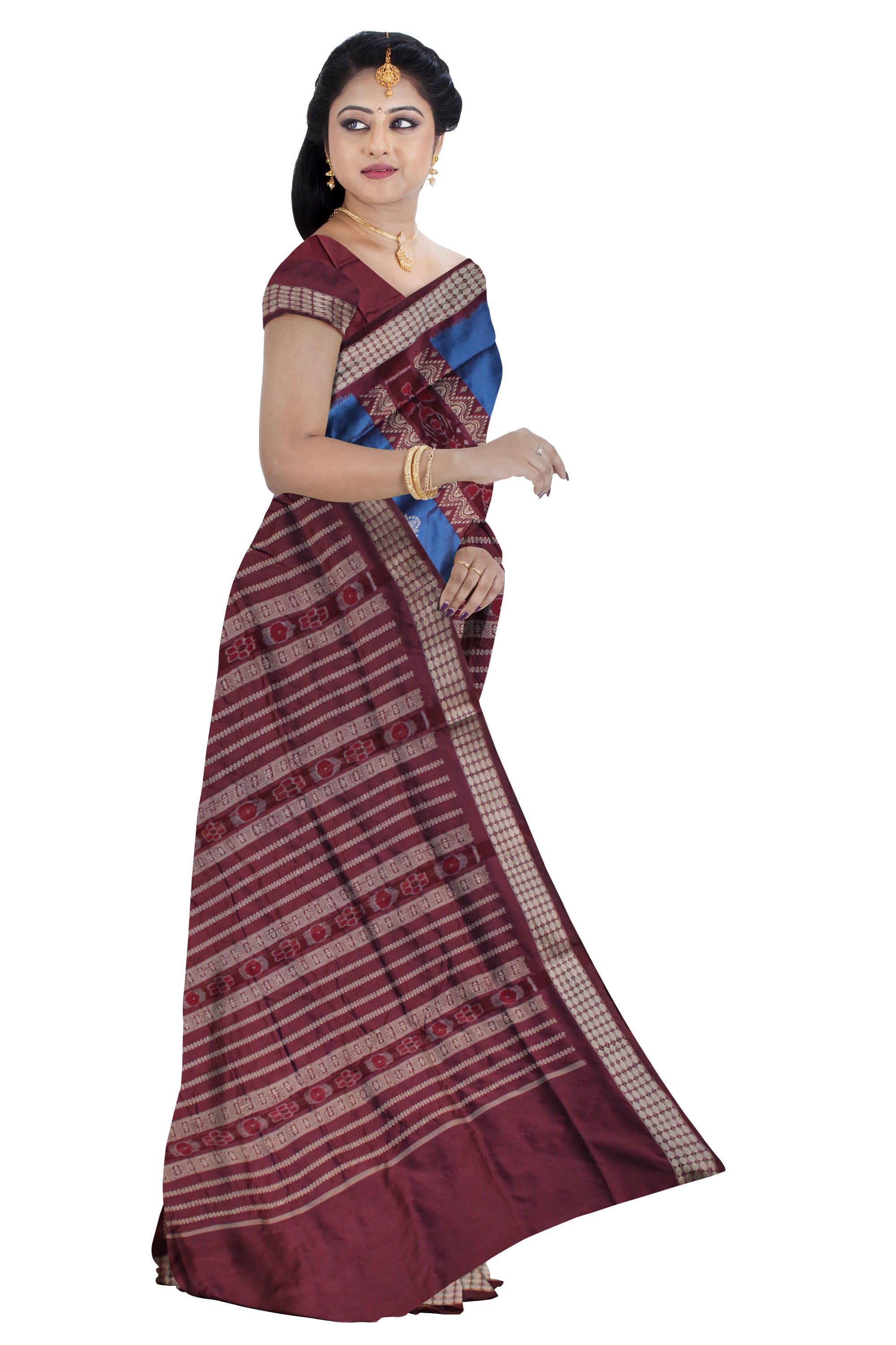 BLUE AND COFFEE COLOR PATLI PATA SAREE , WITH BLOUSE PIECE. - Koshali Arts & Crafts Enterprise
