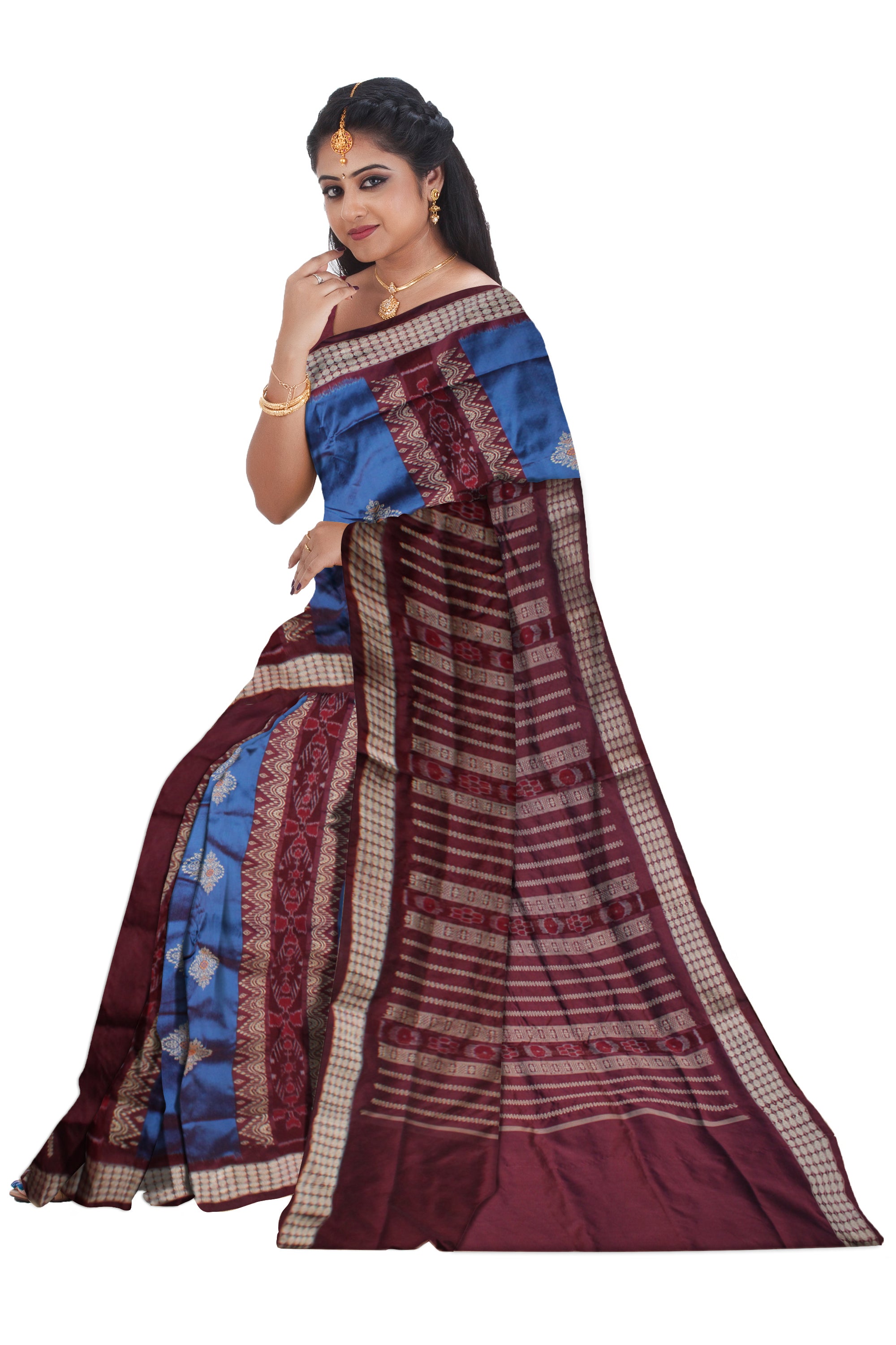 BLUE AND COFFEE COLOR PATLI PATA SAREE , WITH BLOUSE PIECE. - Koshali Arts & Crafts Enterprise