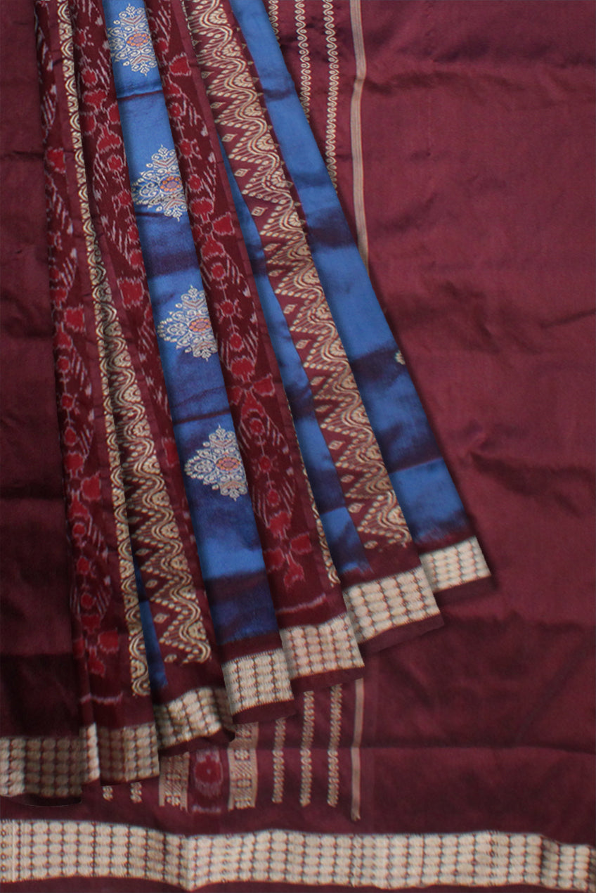 BLUE AND COFFEE COLOR PATLI PATA SAREE , WITH BLOUSE PIECE. - Koshali Arts & Crafts Enterprise