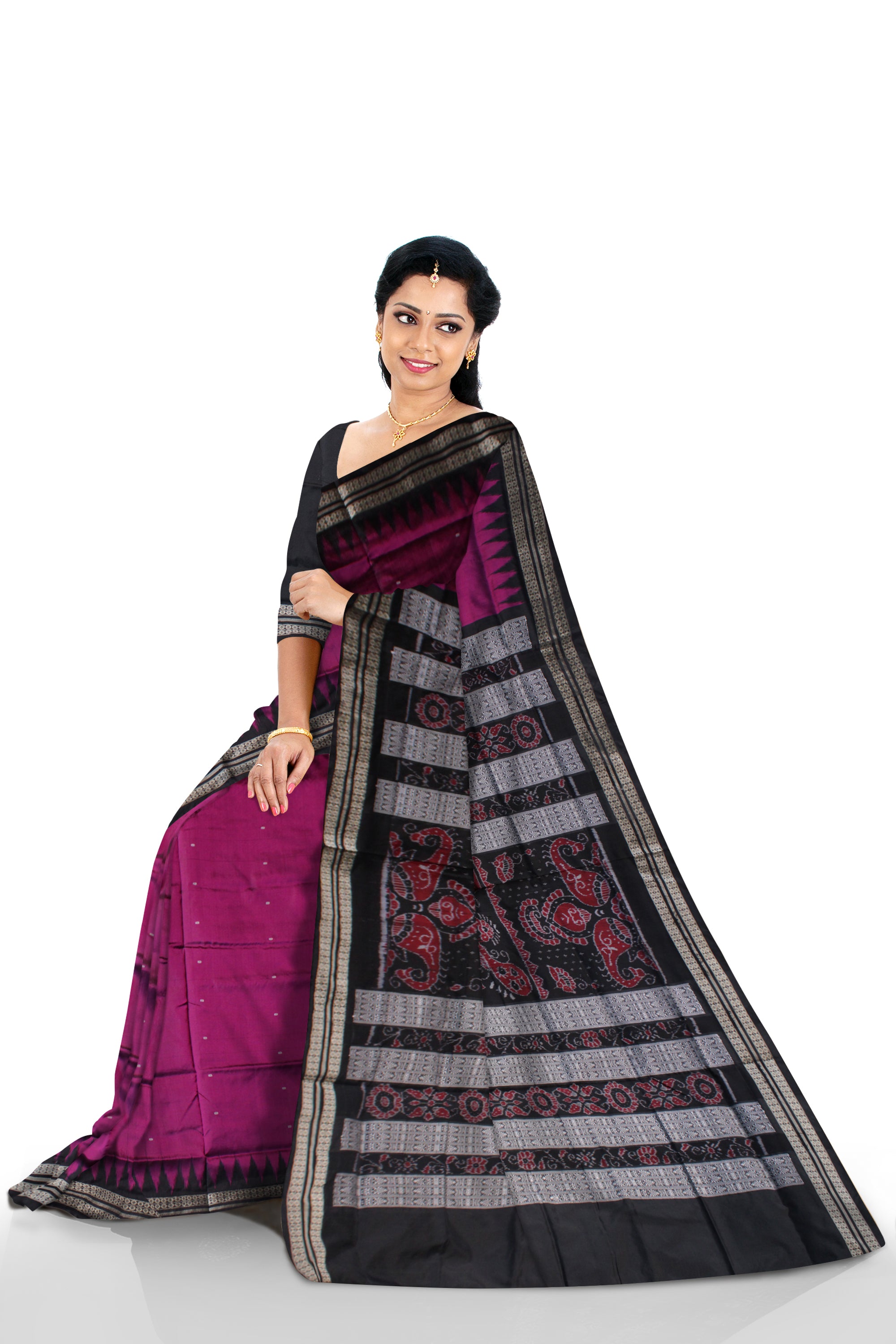 RANI PINK AND BLACK COLOR PLAIN PATA SAREE, WITH MATCHING BLOUSE PIECE. - Koshali Arts & Crafts Enterprise