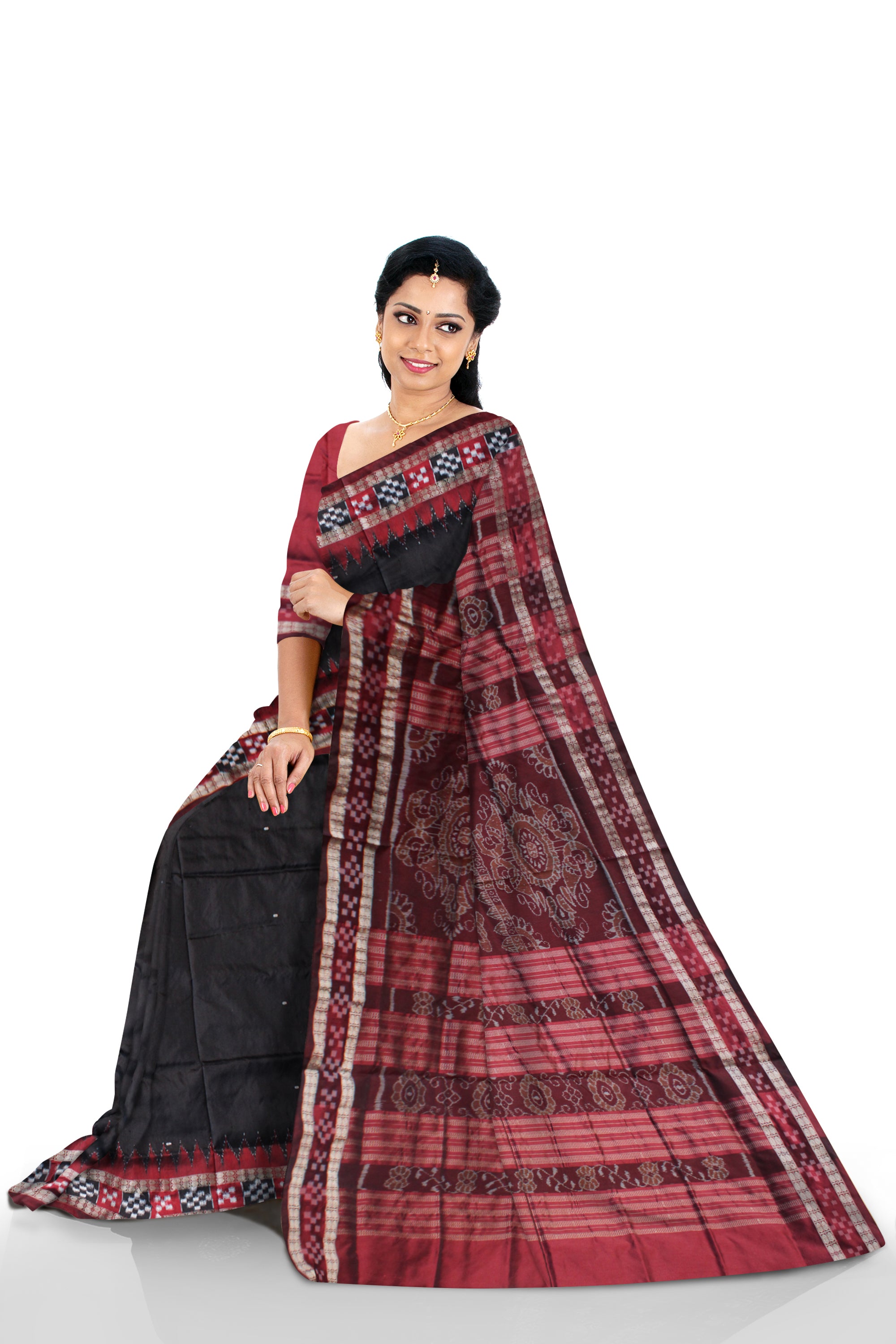 DHADI PASAPALI PATTERN PLAIN PATA SAREE IS BLACK AND MAROON COLOR BASE,COMES WITH BLOUSE PIECE. - Koshali Arts & Crafts Enterprise