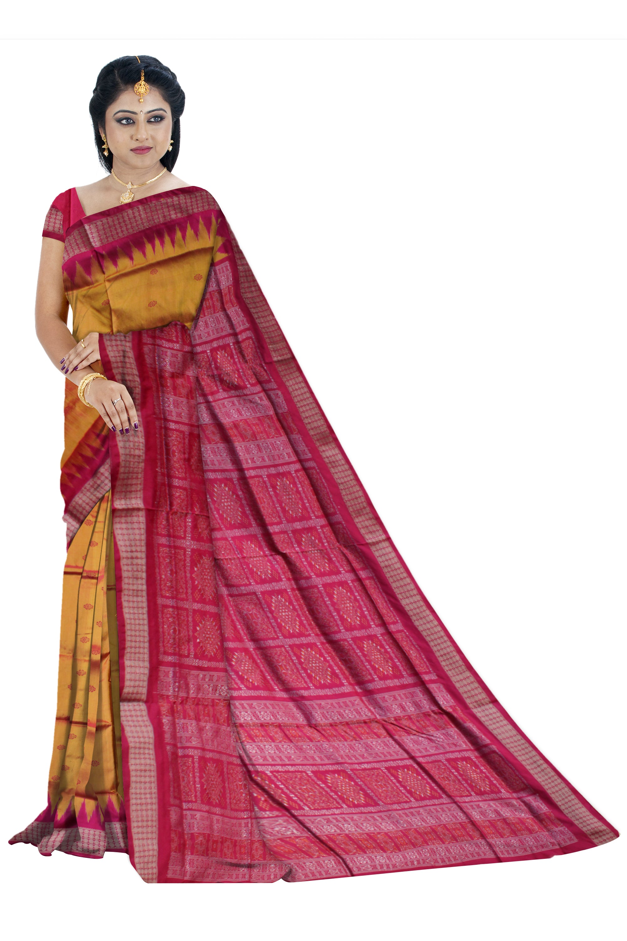 YELLOW AND MAGENTA COLOR PLAIN PATA SAREE,WITH BLOUSE PIECE. - Koshali Arts & Crafts Enterprise