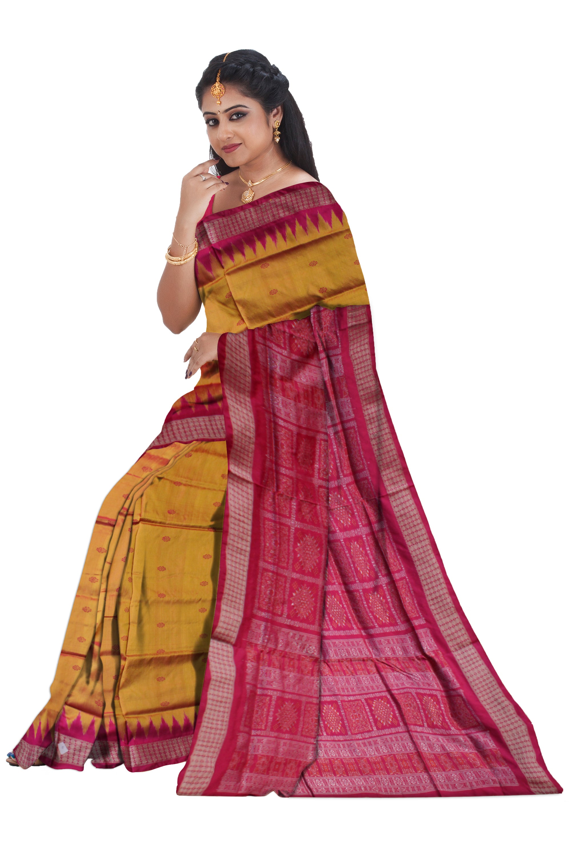 YELLOW AND MAGENTA COLOR PLAIN PATA SAREE,WITH BLOUSE PIECE. - Koshali Arts & Crafts Enterprise