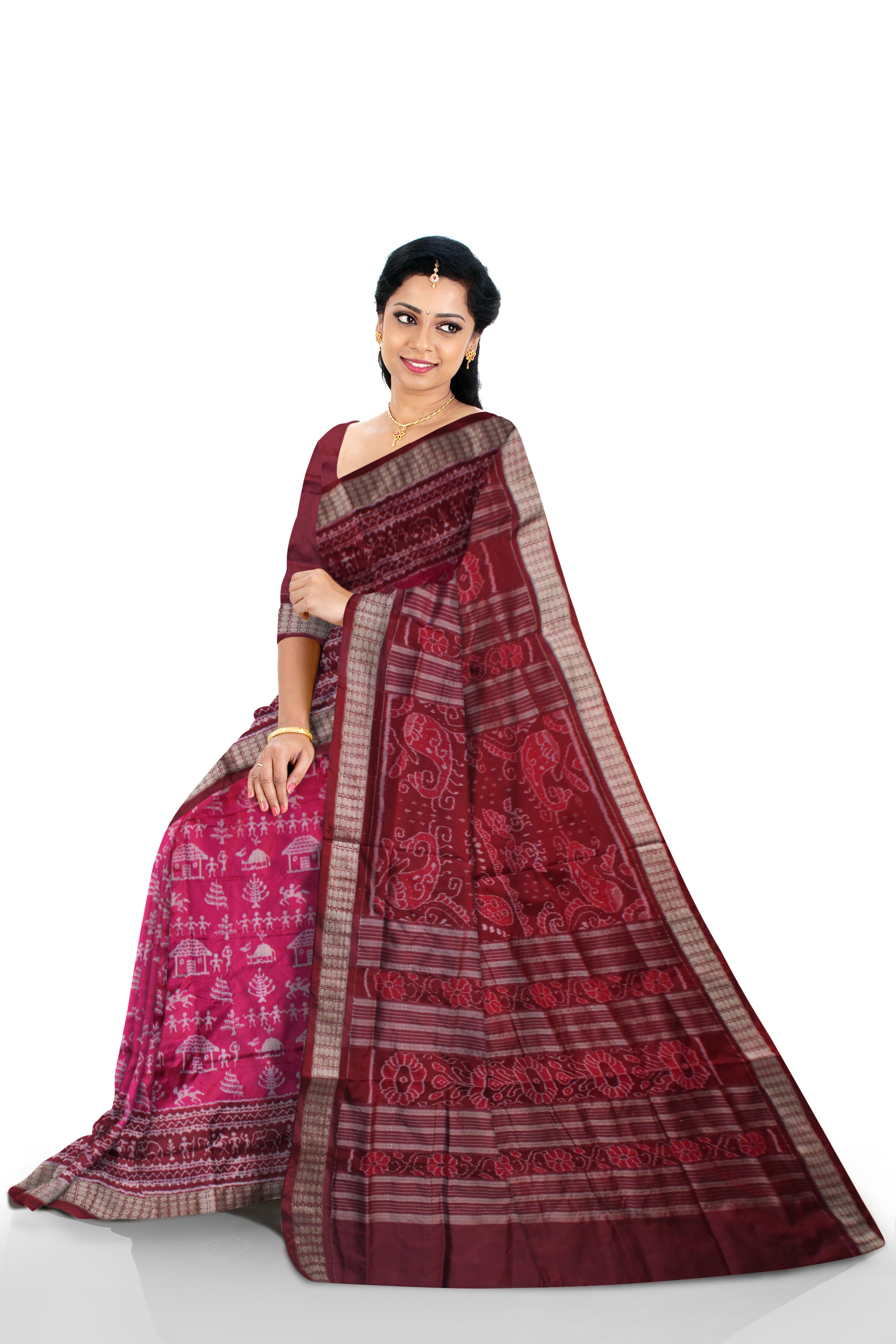 LATEST TERRACOTTA PATTERN PATA SAREE IS RANI PINK AND MAROON COLOR BASE,ATTACHED WITH MATCHING BLOUSE PIECE. - Koshali Arts & Crafts Enterprise