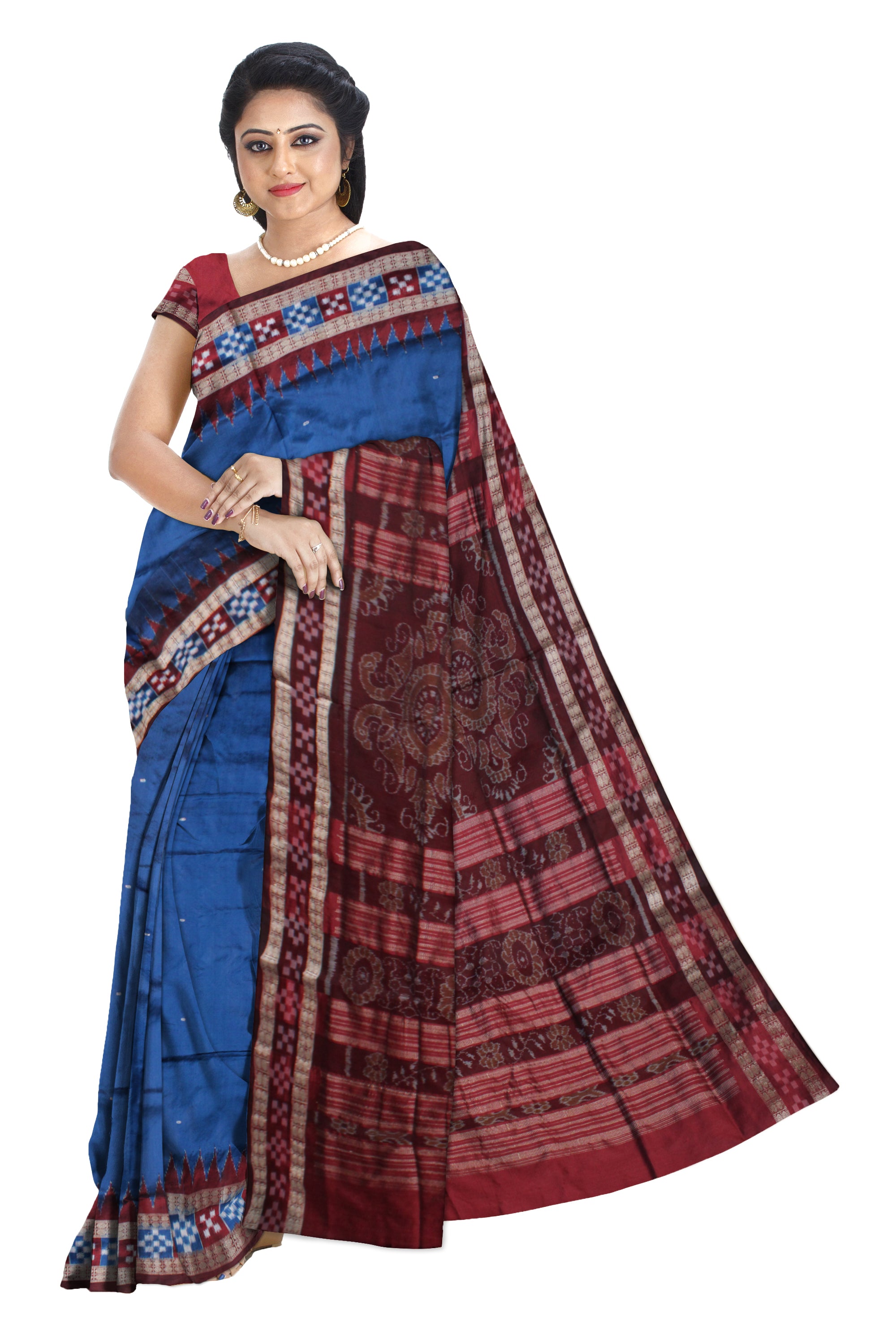 ROYAL BLUE AND MAROON COLOR BORDER PASAPALI PATTERN PATA SAREE,COMES WITH MATCHING BLOUSE PIECE. - Koshali Arts & Crafts Enterprise