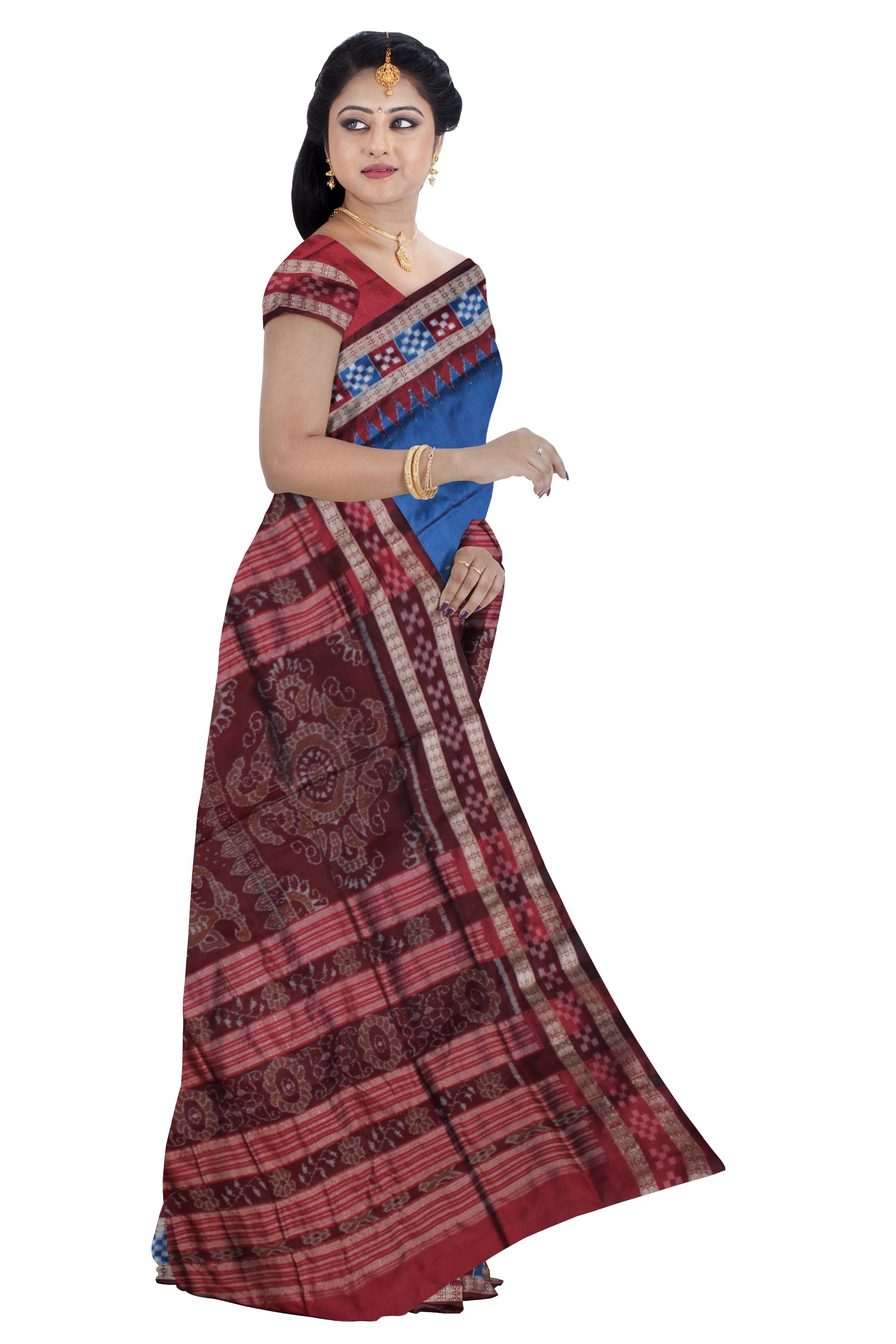 ROYAL BLUE AND MAROON COLOR BORDER PASAPALI PATTERN PATA SAREE,COMES WITH MATCHING BLOUSE PIECE. - Koshali Arts & Crafts Enterprise