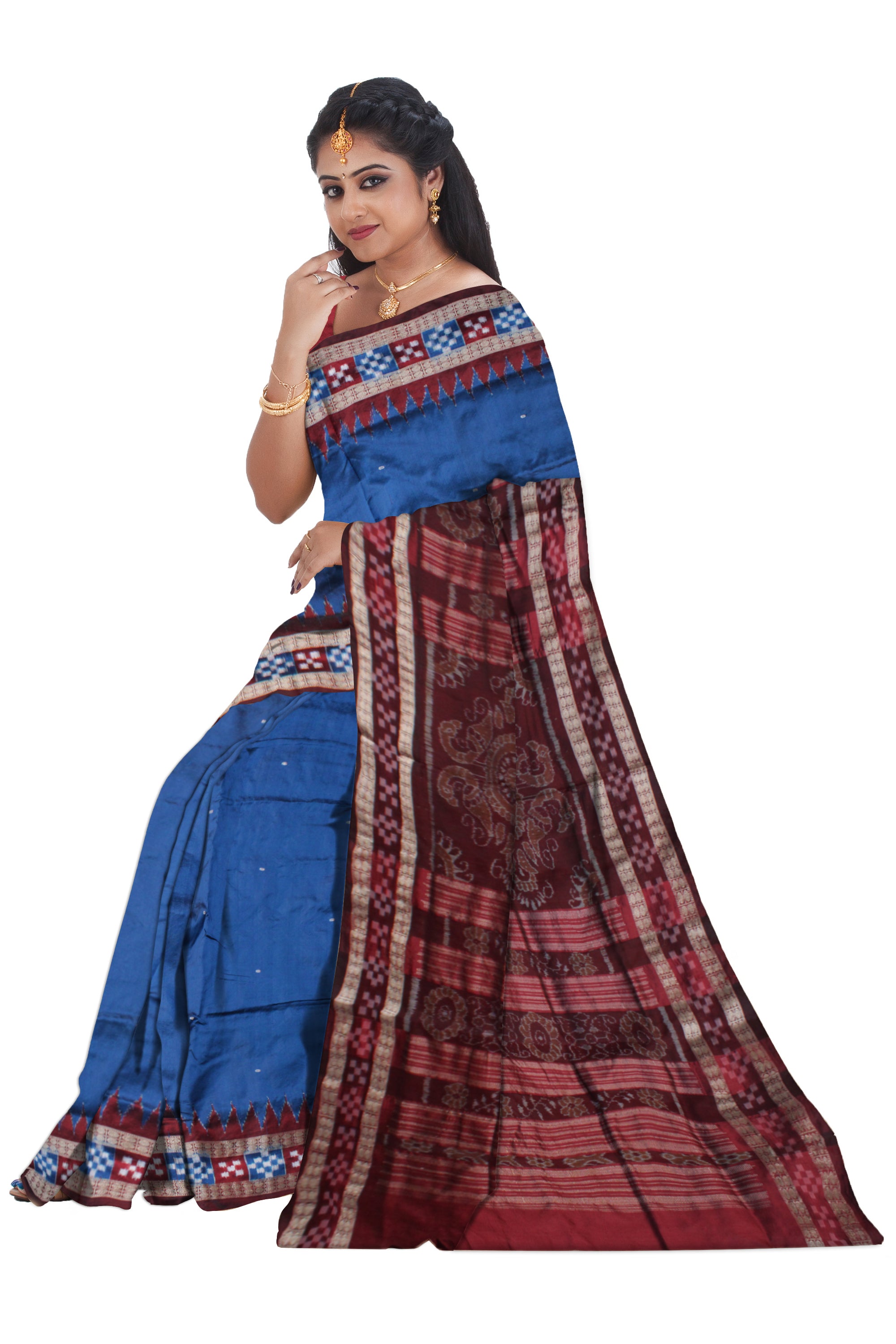ROYAL BLUE AND MAROON COLOR BORDER PASAPALI PATTERN PATA SAREE,COMES WITH MATCHING BLOUSE PIECE. - Koshali Arts & Crafts Enterprise