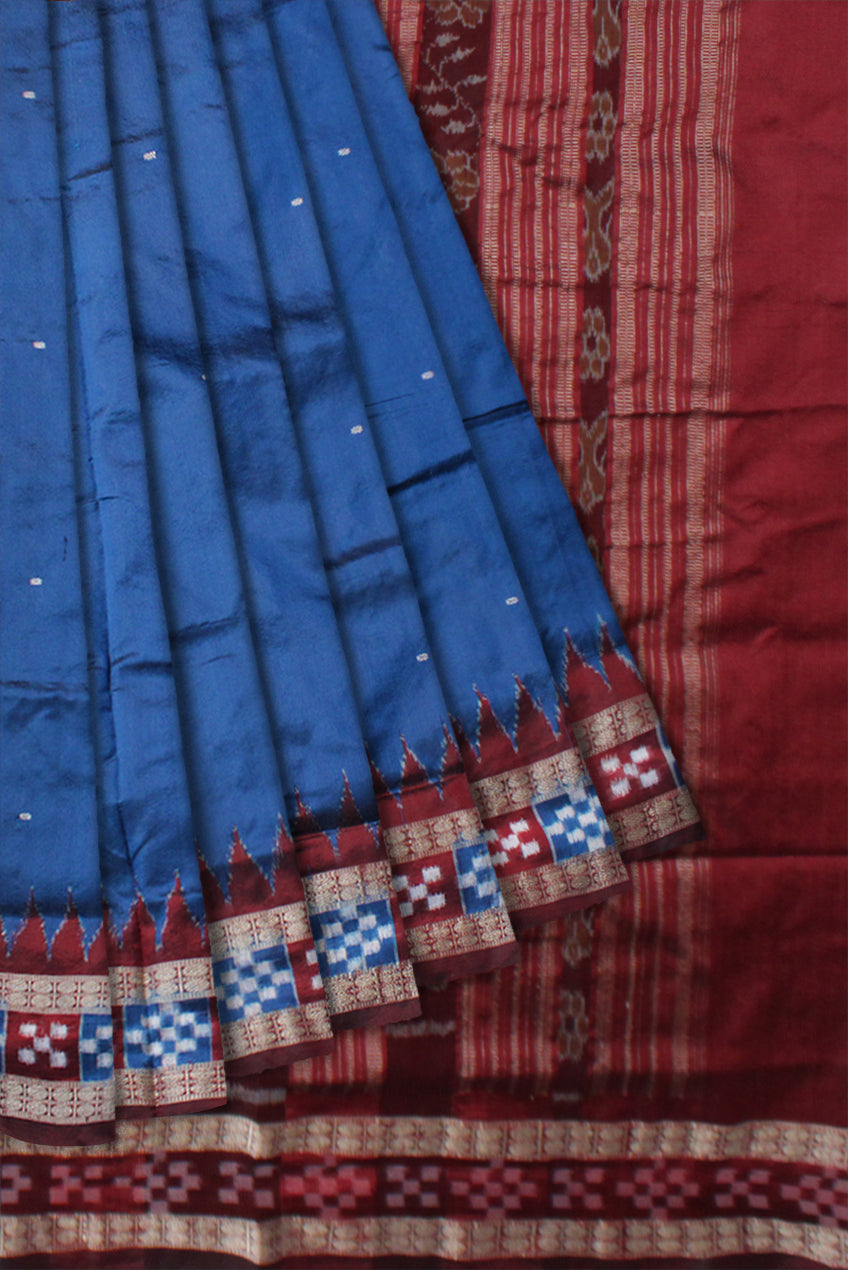 ROYAL BLUE AND MAROON COLOR BORDER PASAPALI PATTERN PATA SAREE,COMES WITH MATCHING BLOUSE PIECE. - Koshali Arts & Crafts Enterprise