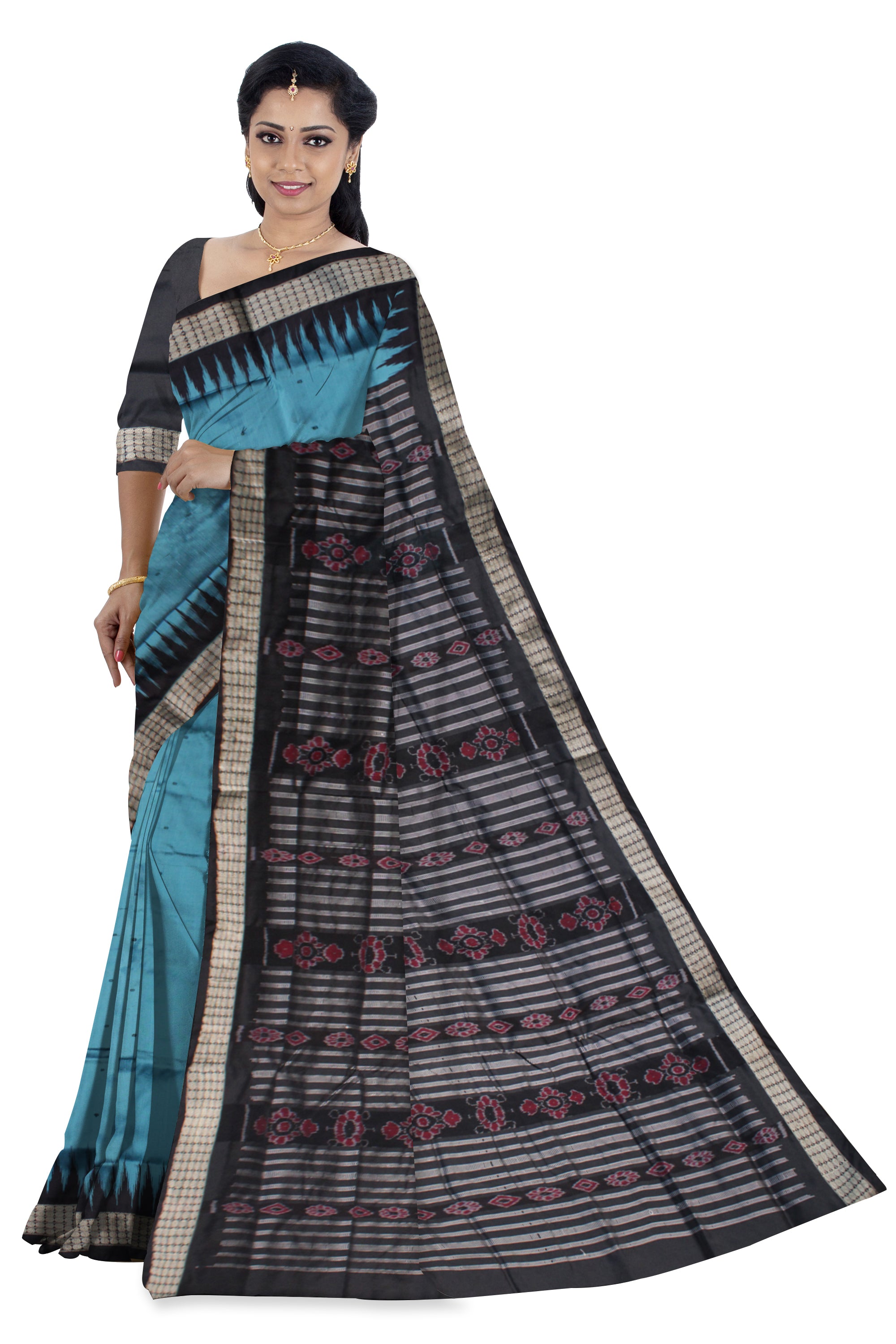 AQUA  AND BLACK COLOR BOOTY PATTERN PLAIN PATA SAREE,WITH MATCHING BLOUSE PIECE. - Koshali Arts & Crafts Enterprise