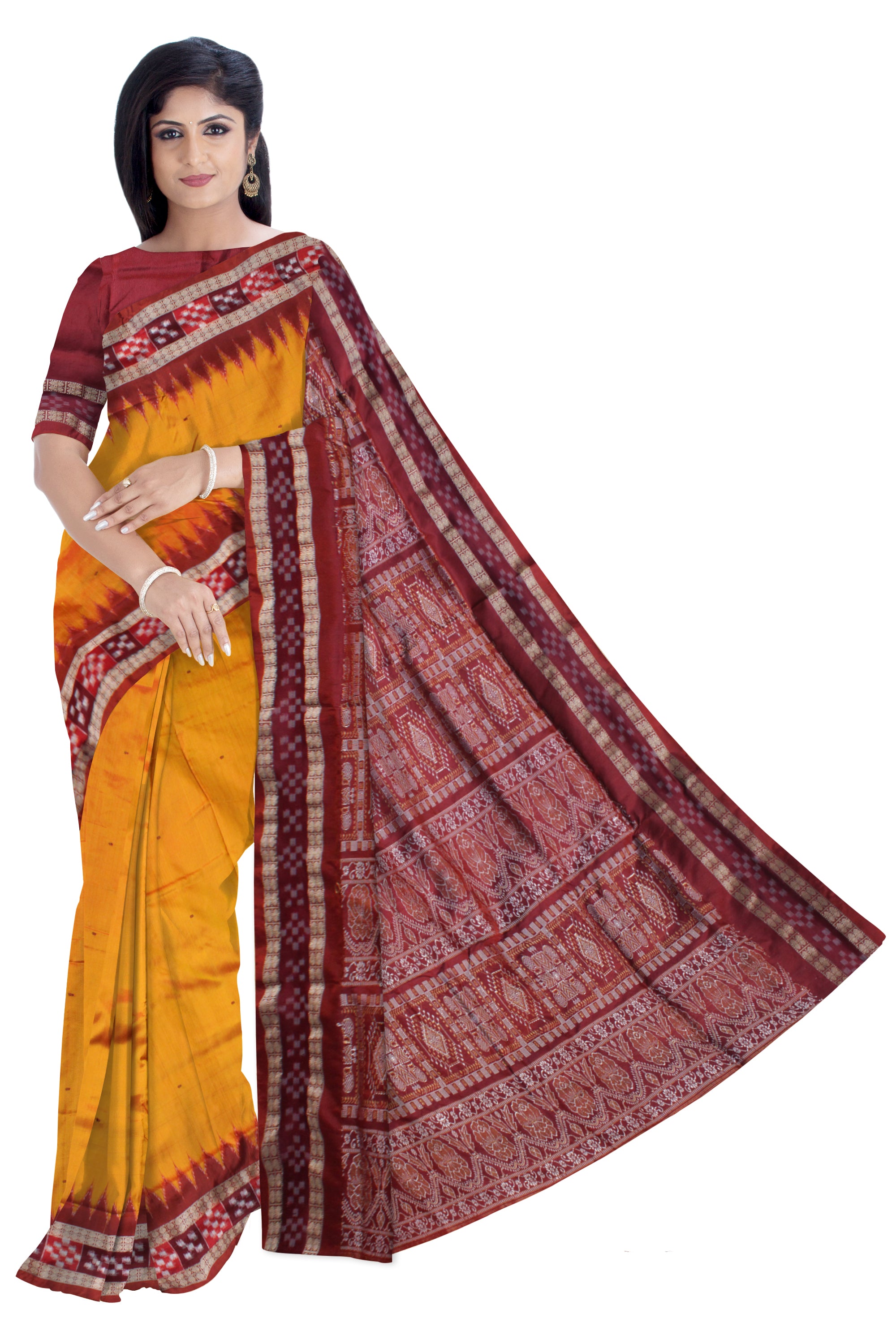 TRADITIONAL DHADI PASAPALI PATTERN PATA SAREE IS YELLOW AND MAROON COLOR BASE.WITH BLOUSE PIECE - Koshali Arts & Crafts Enterprise