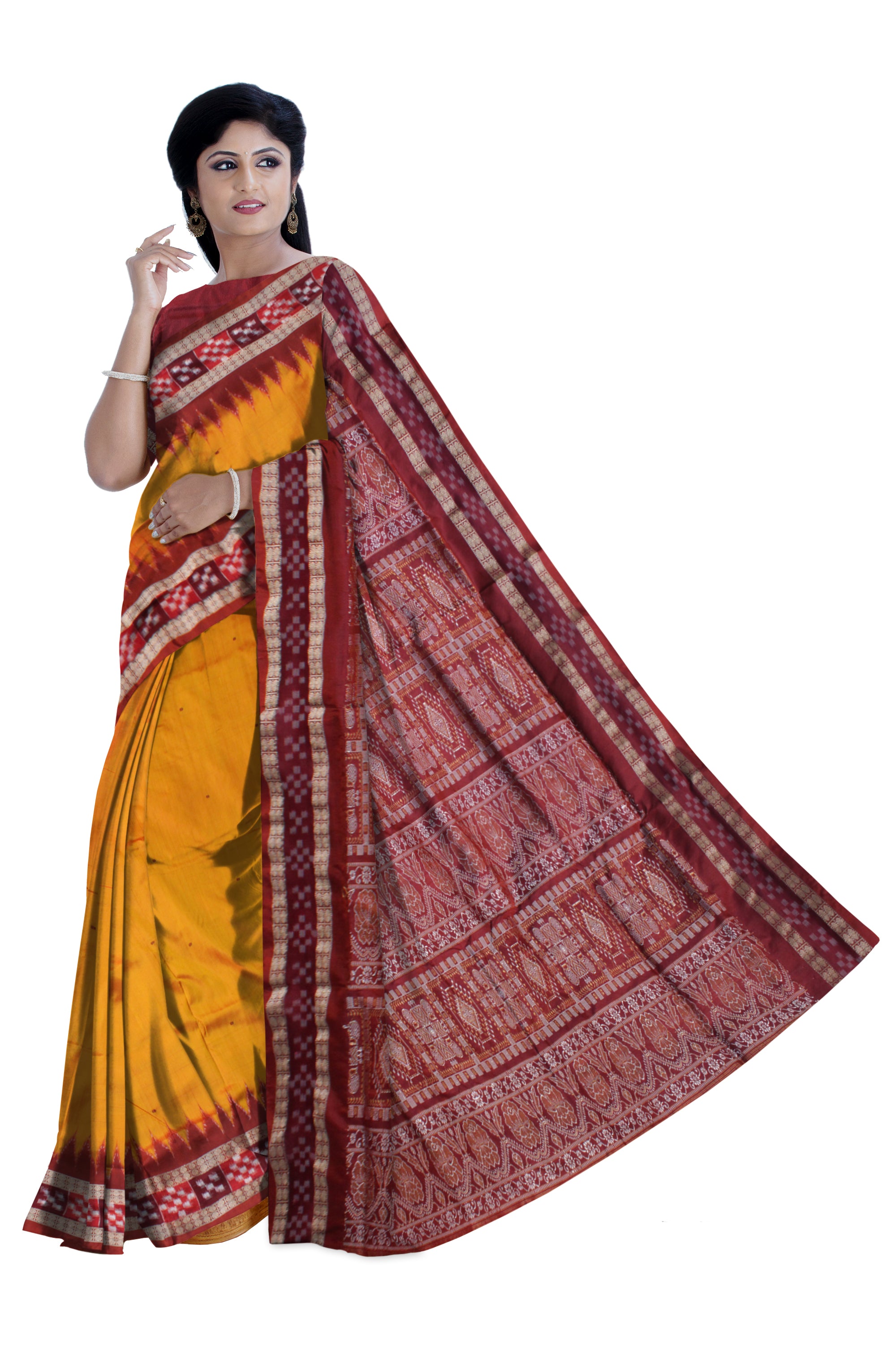 TRADITIONAL DHADI PASAPALI PATTERN PATA SAREE IS YELLOW AND MAROON COLOR BASE.WITH BLOUSE PIECE - Koshali Arts & Crafts Enterprise