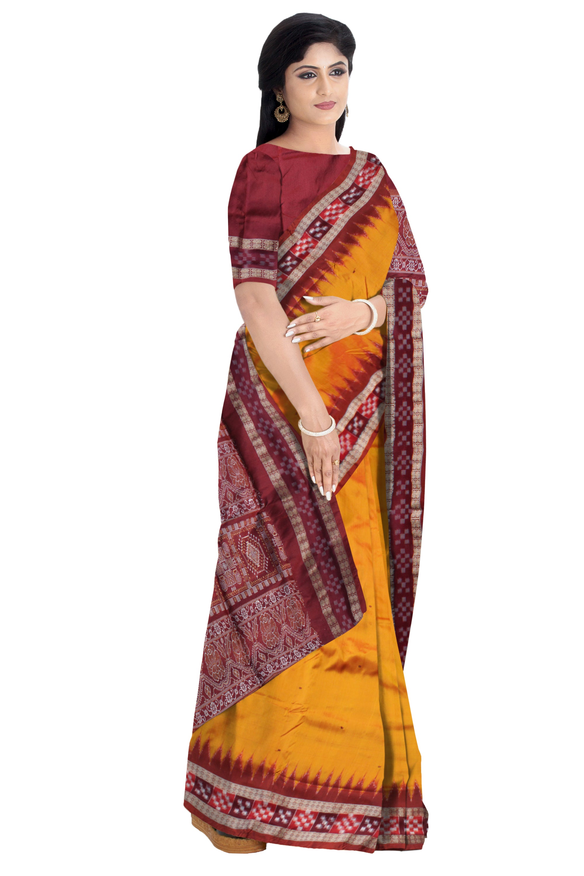 TRADITIONAL DHADI PASAPALI PATTERN PATA SAREE IS YELLOW AND MAROON COLOR BASE.WITH BLOUSE PIECE - Koshali Arts & Crafts Enterprise