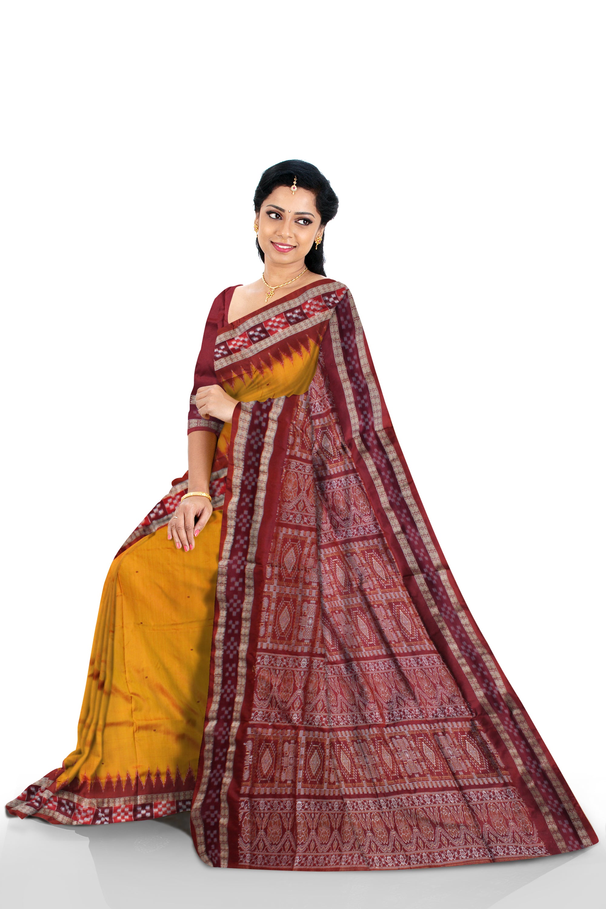 TRADITIONAL DHADI PASAPALI PATTERN PATA SAREE IS YELLOW AND MAROON COLOR BASE.WITH BLOUSE PIECE - Koshali Arts & Crafts Enterprise