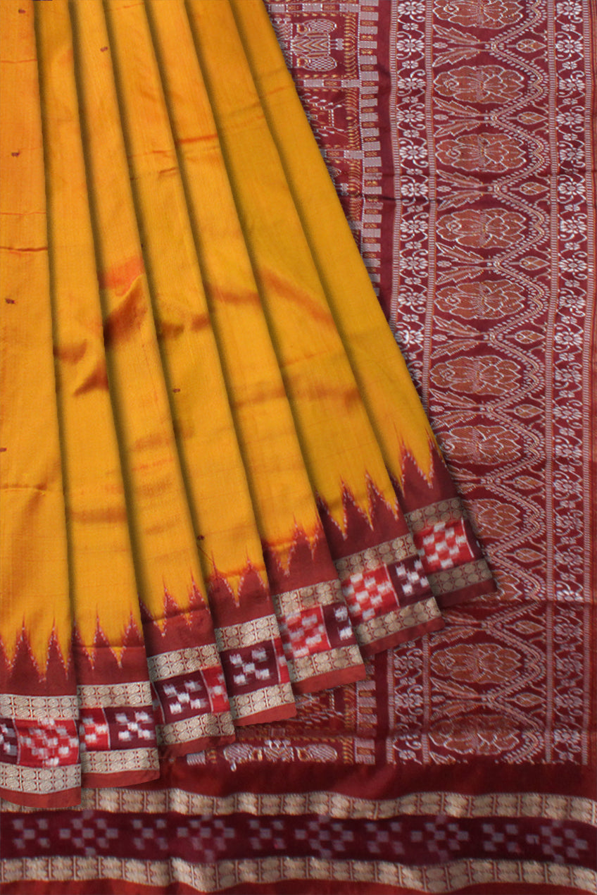 TRADITIONAL DHADI PASAPALI PATTERN PATA SAREE IS YELLOW AND MAROON COLOR BASE.WITH BLOUSE PIECE - Koshali Arts & Crafts Enterprise