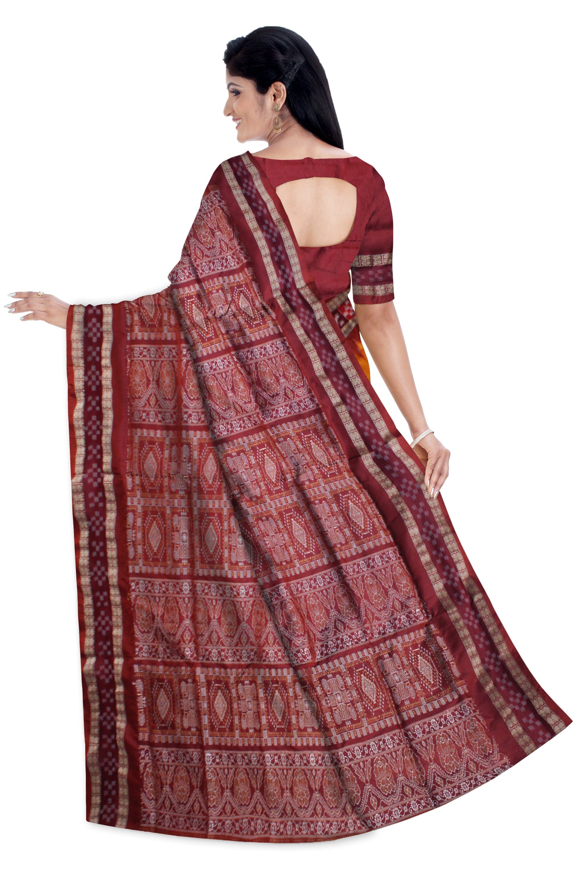 TRADITIONAL DHADI PASAPALI PATTERN PATA SAREE IS YELLOW AND MAROON COLOR BASE.WITH BLOUSE PIECE - Koshali Arts & Crafts Enterprise