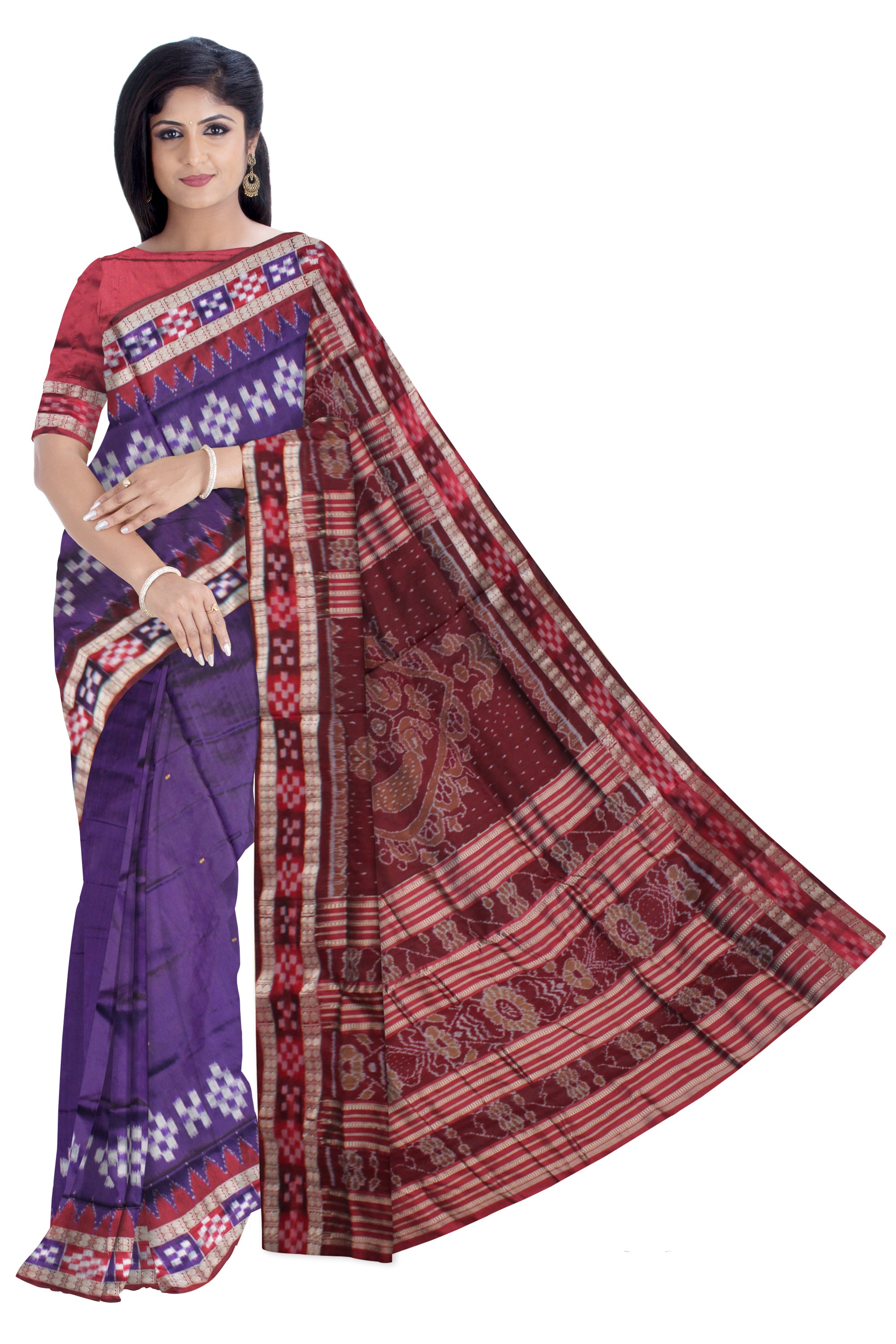 PURPLE AND MAROON COLOR DHADI SAPTA DESIGN PATA SAREE,WITH BLOUSE PIECE. - Koshali Arts & Crafts Enterprise