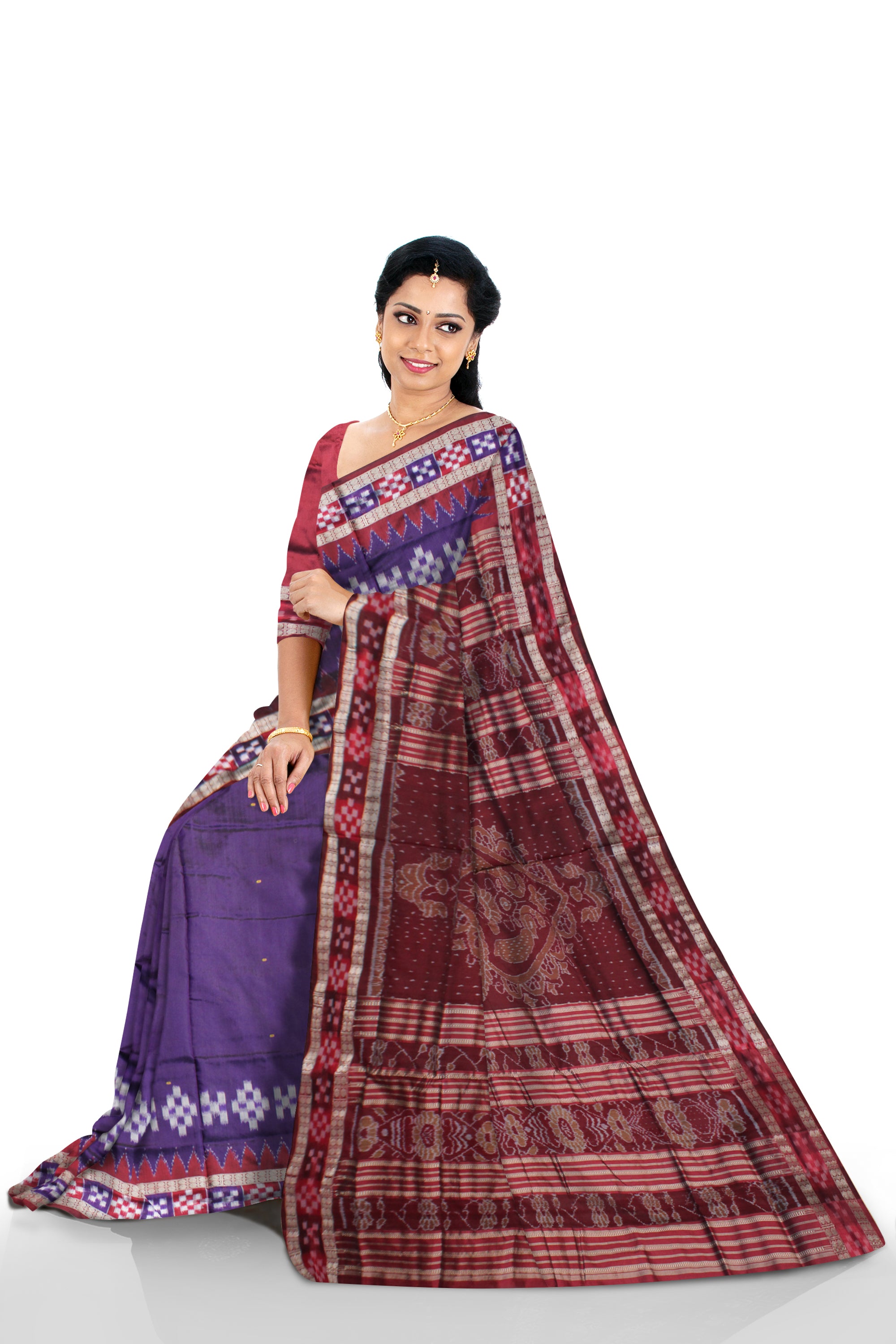 PURPLE AND MAROON COLOR DHADI SAPTA DESIGN PATA SAREE,WITH BLOUSE PIECE. - Koshali Arts & Crafts Enterprise