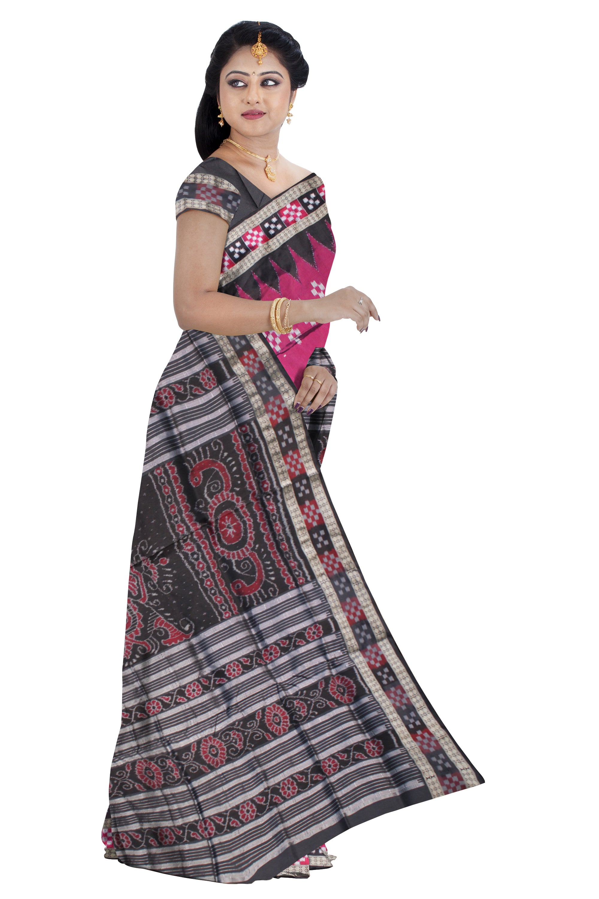 TRADITIONAL LOOK RANI PINK AND BLACK COLOR DESIGN DHADI SAPTA , COMES WITH MATCHING BLOUSE PIECE. - Koshali Arts & Crafts Enterprise