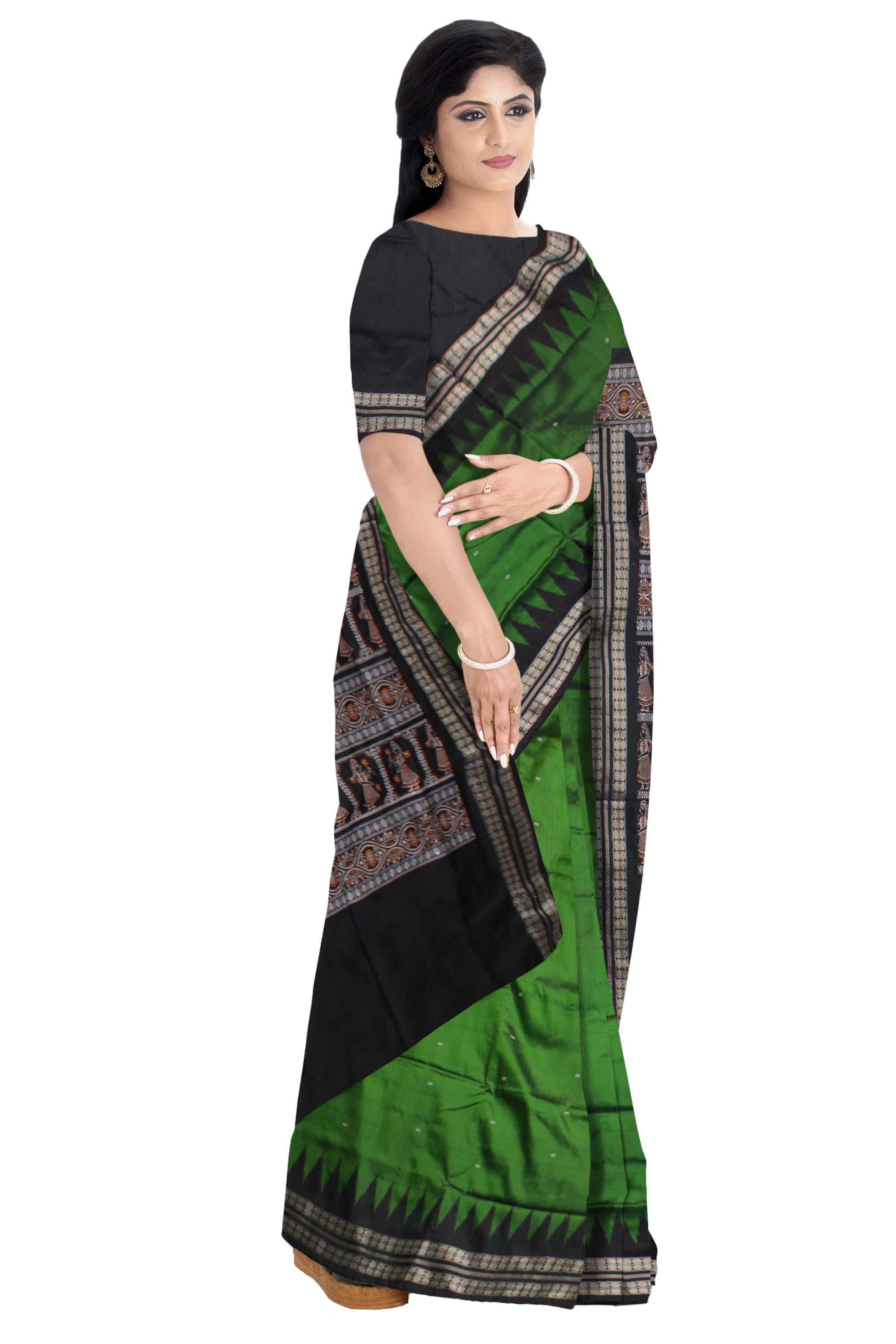 PALLU DOLL PATTERN GREEN AND BLACK COLOR PLAIN PATA SAREE, COMES WITH MATCHING BLOUSE PIECE. - Koshali Arts & Crafts Enterprise