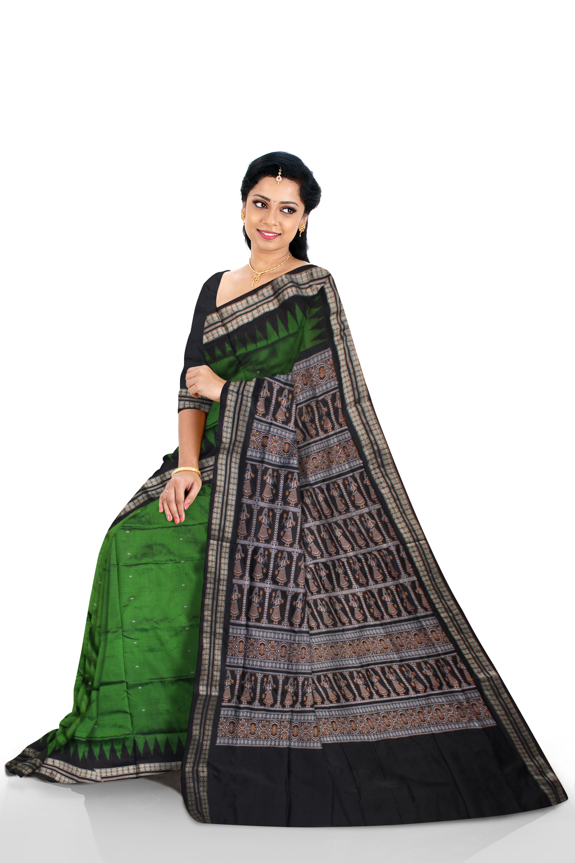 PALLU DOLL PATTERN GREEN AND BLACK COLOR PLAIN PATA SAREE, COMES WITH MATCHING BLOUSE PIECE. - Koshali Arts & Crafts Enterprise