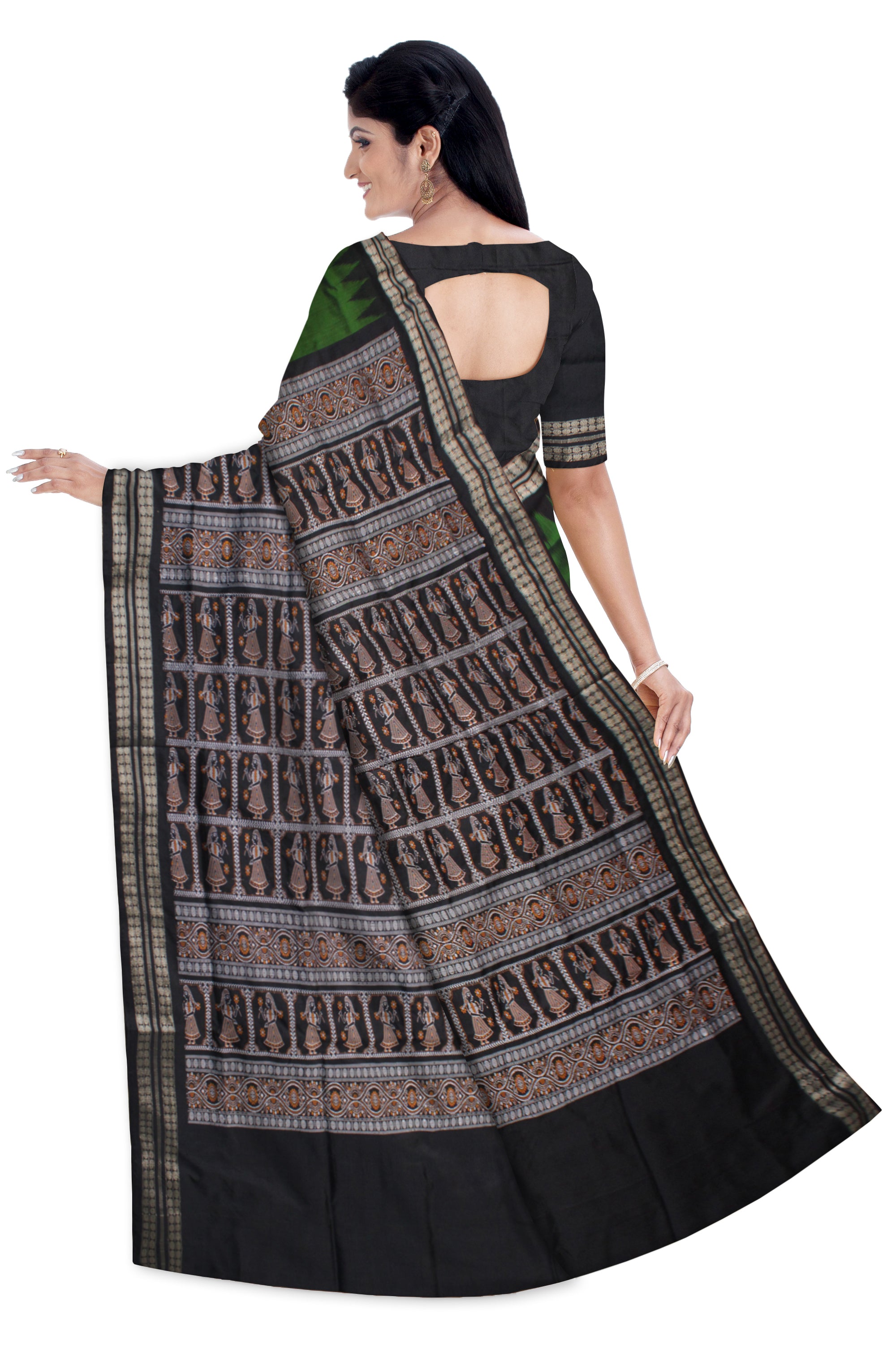 PALLU DOLL PATTERN GREEN AND BLACK COLOR PLAIN PATA SAREE, COMES WITH MATCHING BLOUSE PIECE. - Koshali Arts & Crafts Enterprise