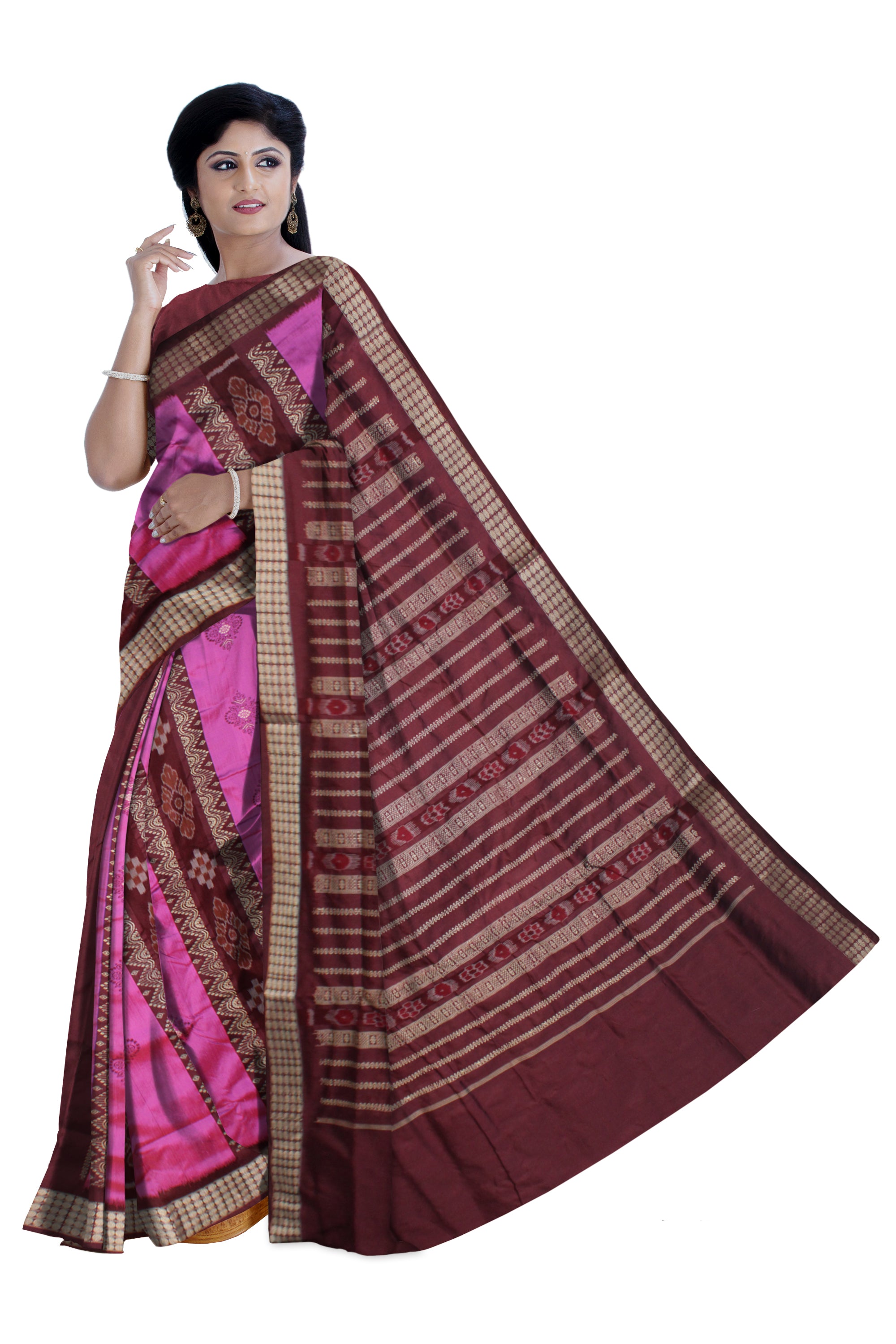 PASAPALI WITH BOMKEI DESIGN PATLI PATA SAREE IS PINK AND COFFEE COLOR BASE,WITH BLOUSE PIECE. - Koshali Arts & Crafts Enterprise