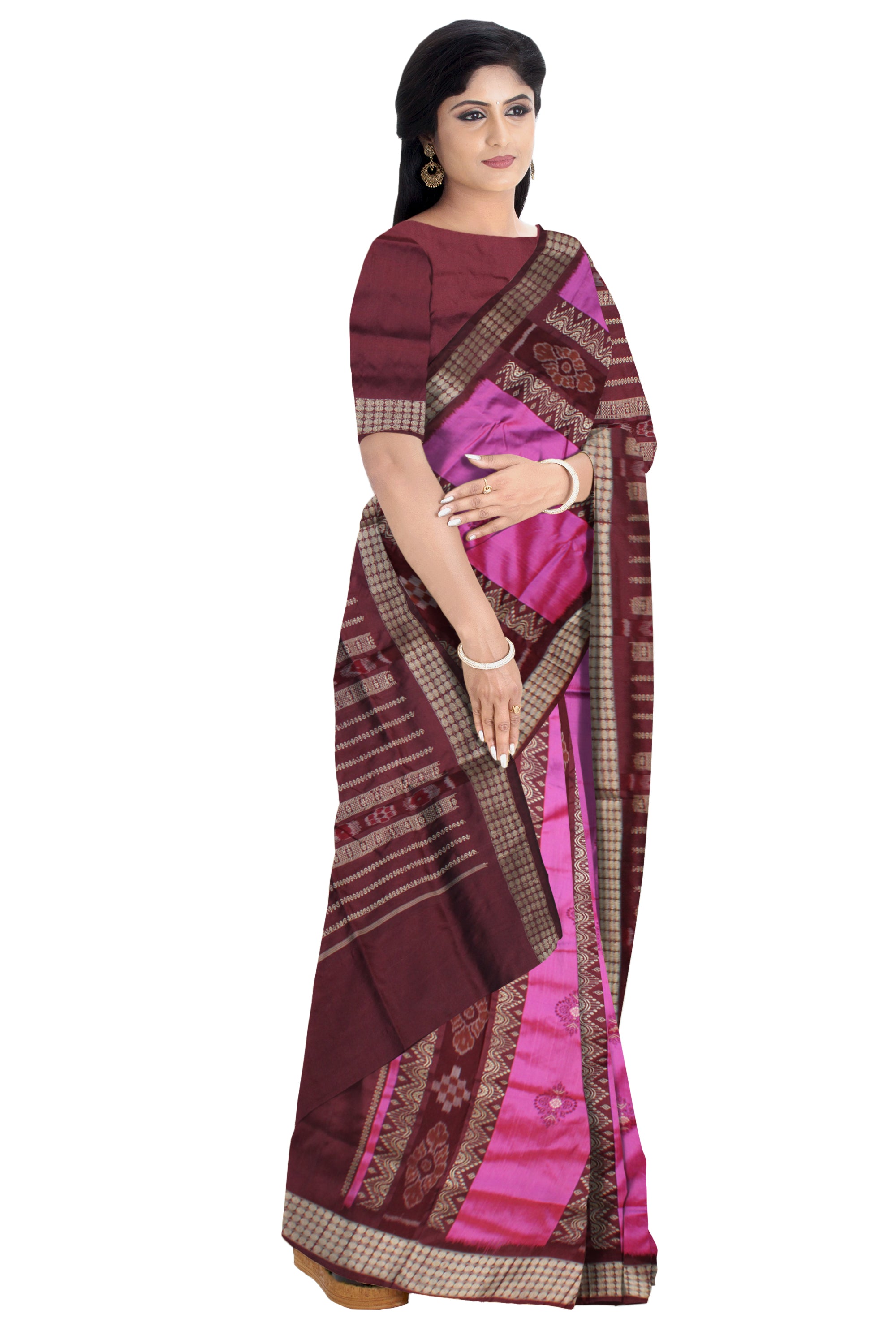 PASAPALI WITH BOMKEI DESIGN PATLI PATA SAREE IS PINK AND COFFEE COLOR BASE,WITH BLOUSE PIECE. - Koshali Arts & Crafts Enterprise