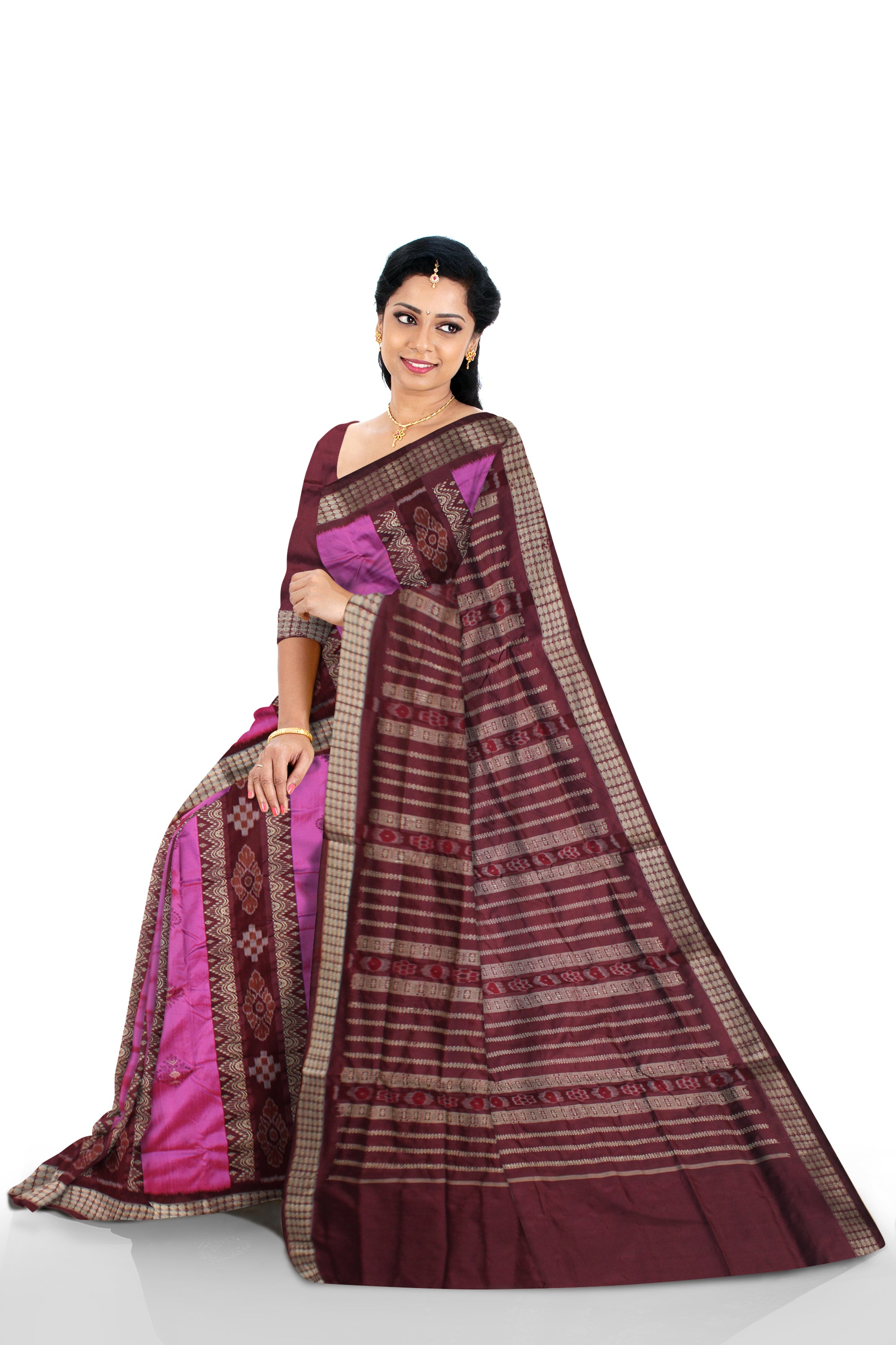 PASAPALI WITH BOMKEI DESIGN PATLI PATA SAREE IS PINK AND COFFEE COLOR BASE,WITH BLOUSE PIECE. - Koshali Arts & Crafts Enterprise
