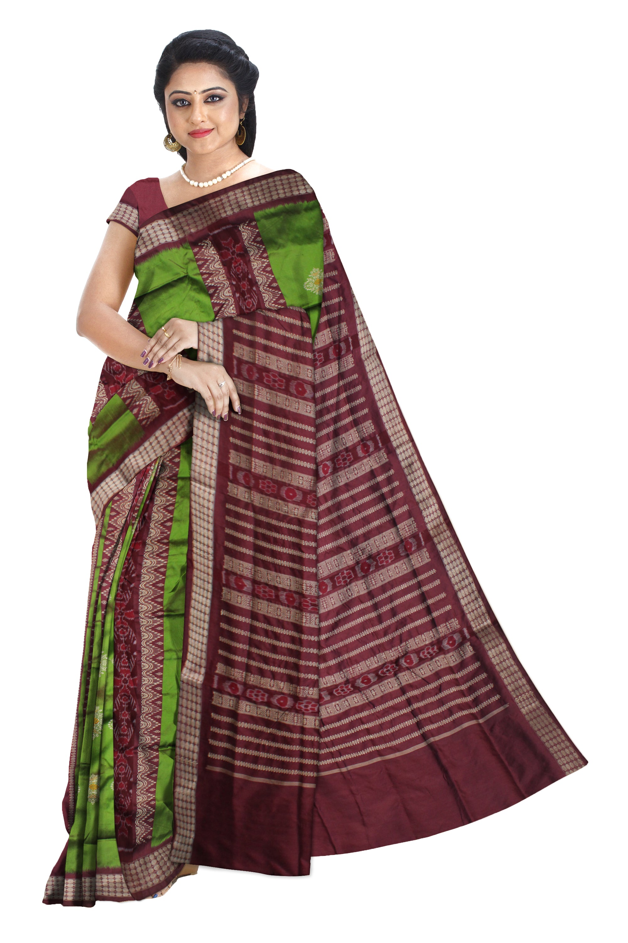GREEN AND COFFEE COLOR PATLI PATA SAREE, WITH BLOUSE PIECE. - Koshali Arts & Crafts Enterprise