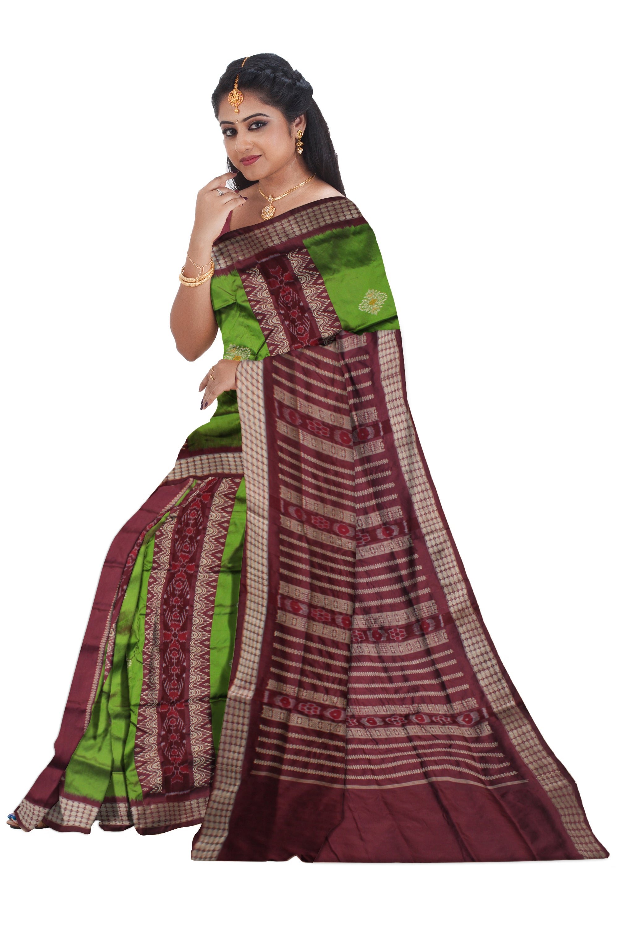 GREEN AND COFFEE COLOR PATLI PATA SAREE, WITH BLOUSE PIECE. - Koshali Arts & Crafts Enterprise