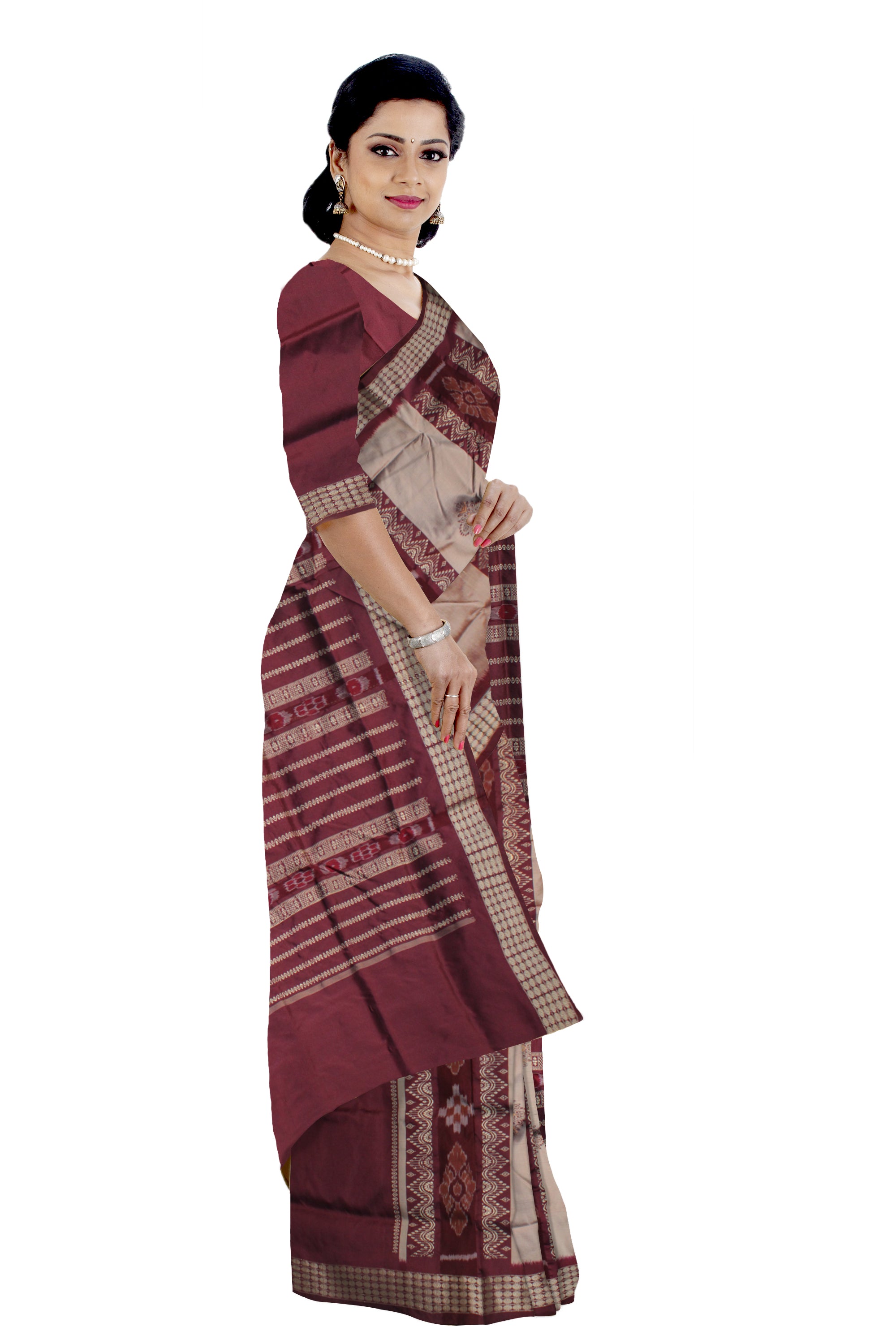 TRADITIONAL PASAPALI WITH BOMKEI PATTERN PATLI PATA SAREE IS SILVER AND COFFEE COLOR BASE,AVAILABLE WITH MATCHING BLOUSE PIECE. - Koshali Arts & Crafts Enterprise