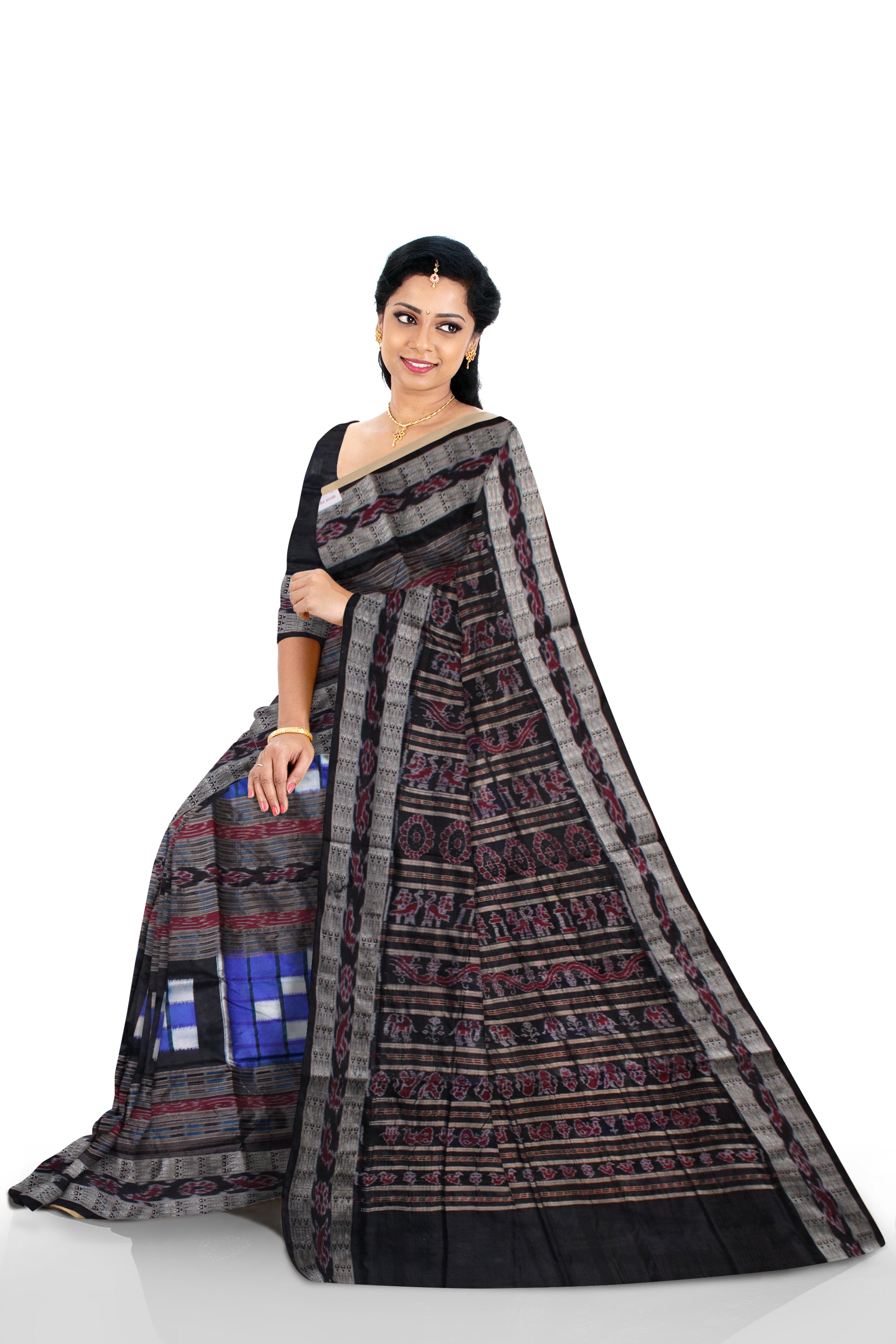 BLUE AND BLACK COLOR BICHITRAPURI PURE SILK SAREE, WITH MATCHING BLOUSE PIECE. - Koshali Arts & Crafts Enterprise