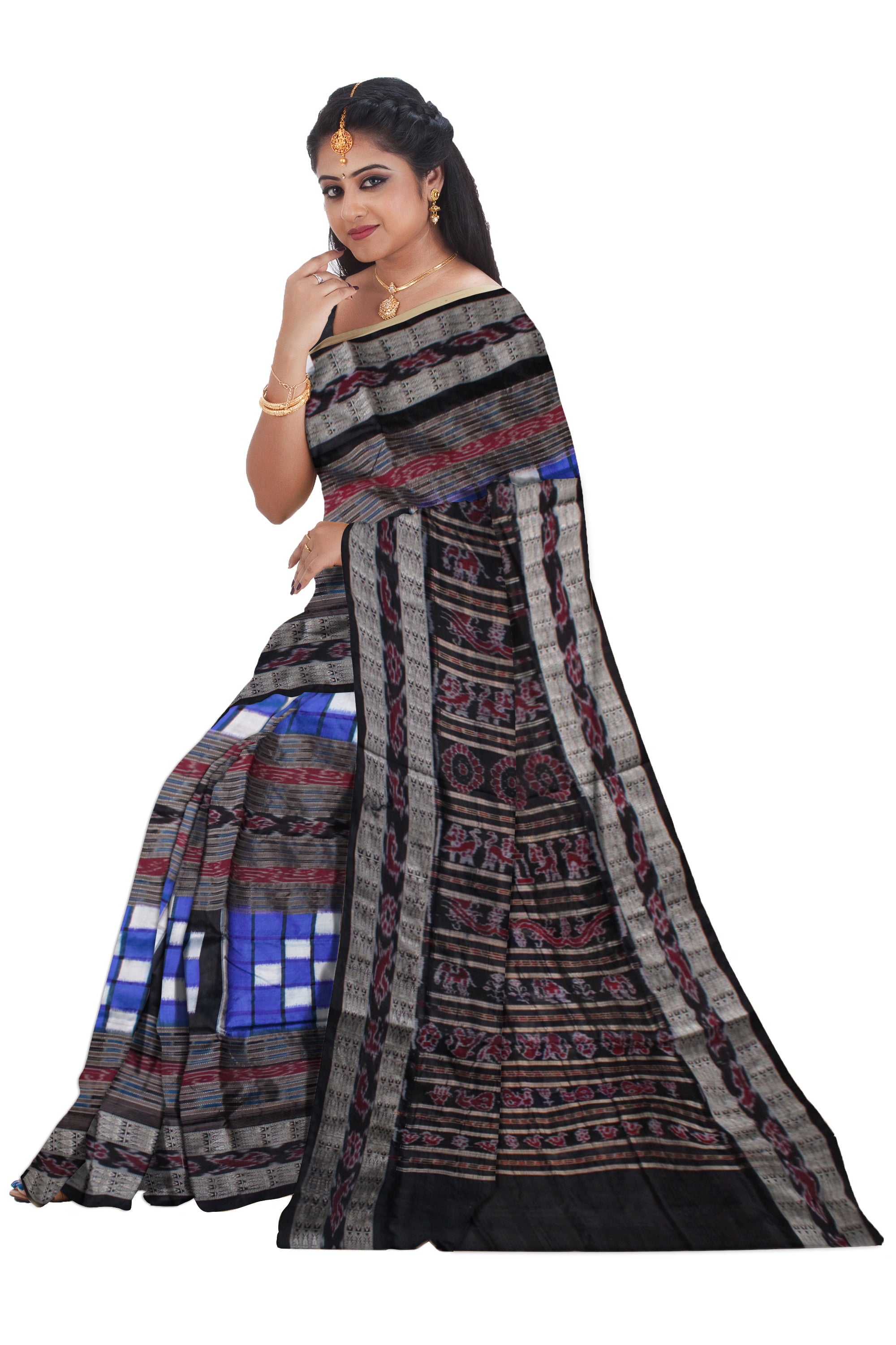 BLUE AND BLACK COLOR BICHITRAPURI PURE SILK SAREE, WITH MATCHING BLOUSE PIECE. - Koshali Arts & Crafts Enterprise