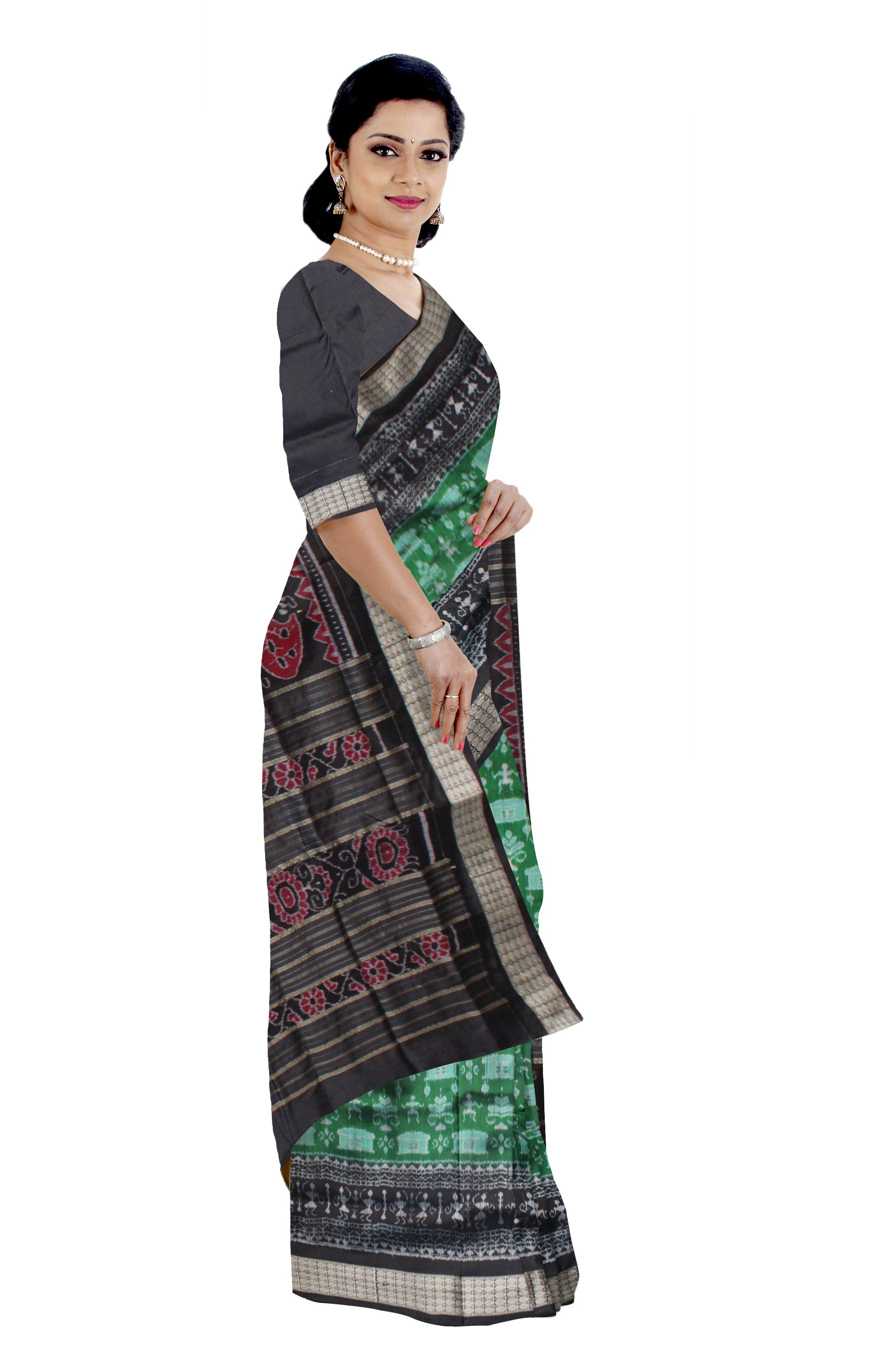 GREEN AND BLACK COLOR TERRACOTTA PATTERN  SILK SAREE, WITH MATCHING BLOUSE PIECE. - Koshali Arts & Crafts Enterprise
