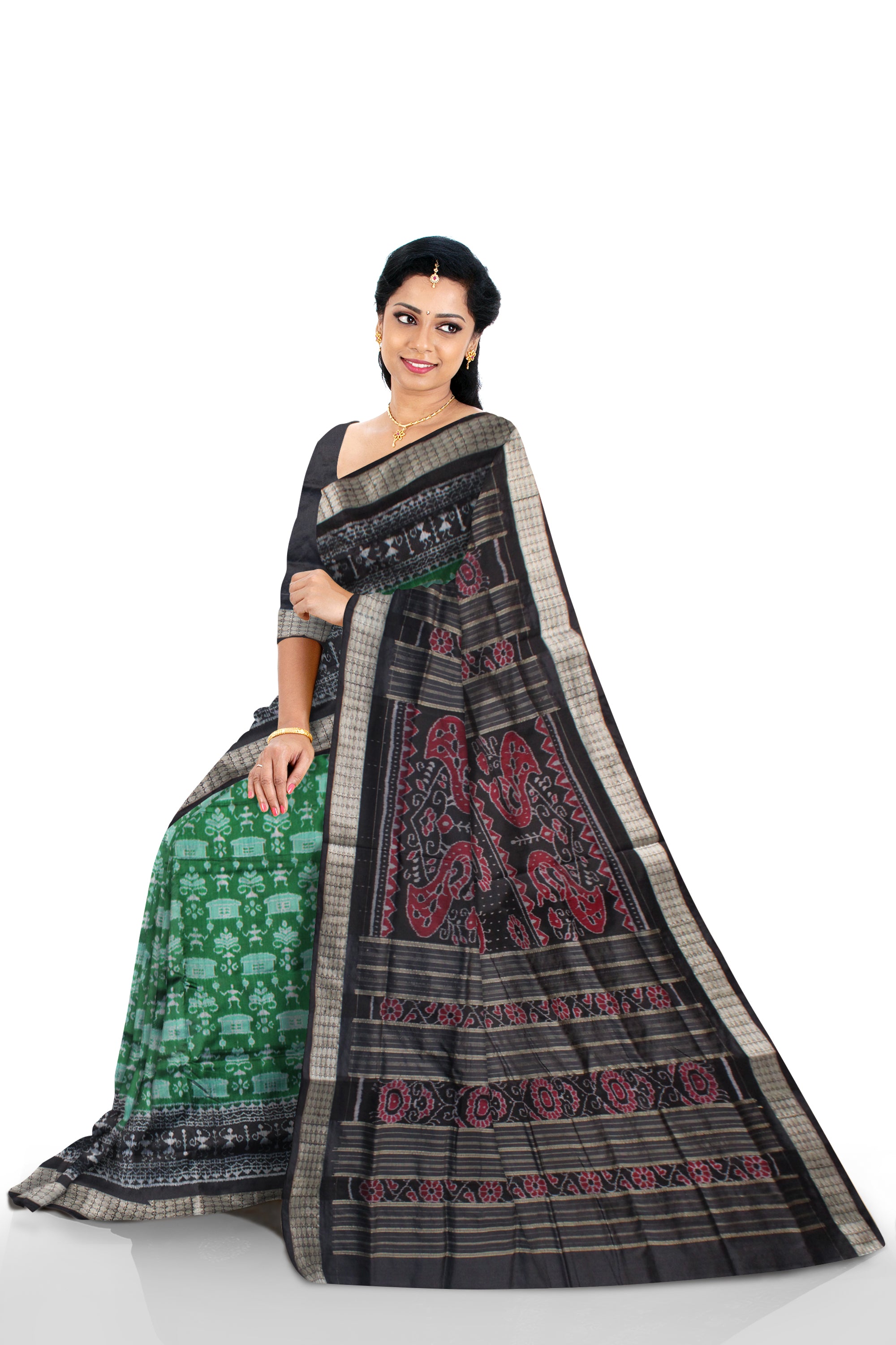 GREEN AND BLACK COLOR TERRACOTTA PATTERN  SILK SAREE, WITH MATCHING BLOUSE PIECE. - Koshali Arts & Crafts Enterprise