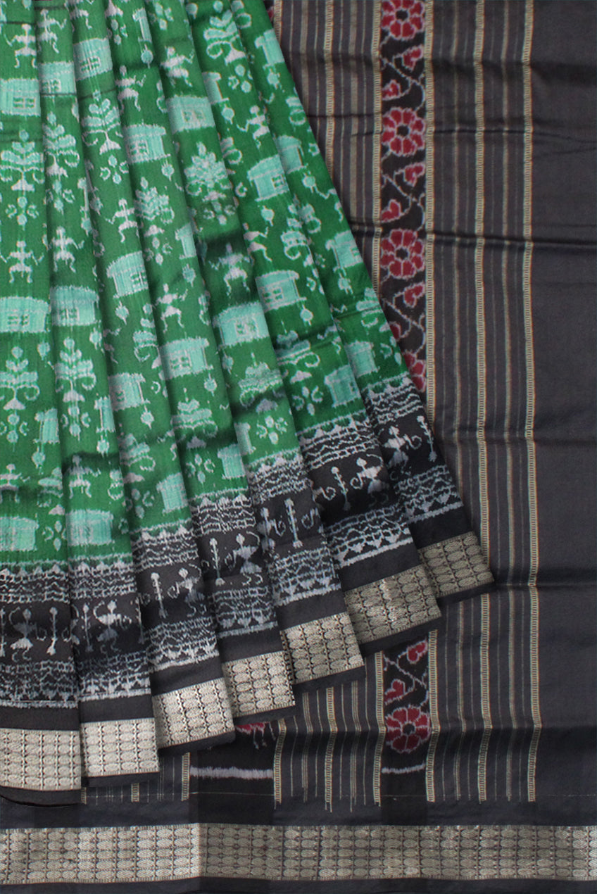 GREEN AND BLACK COLOR TERRACOTTA PATTERN  SILK SAREE, WITH MATCHING BLOUSE PIECE. - Koshali Arts & Crafts Enterprise