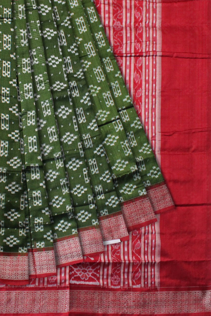 LIGHT GREEN AND RED COLOR PURE SILK SAREE, WITH MATCHING BLOUSE PIECE. - Koshali Arts & Crafts Enterprise
