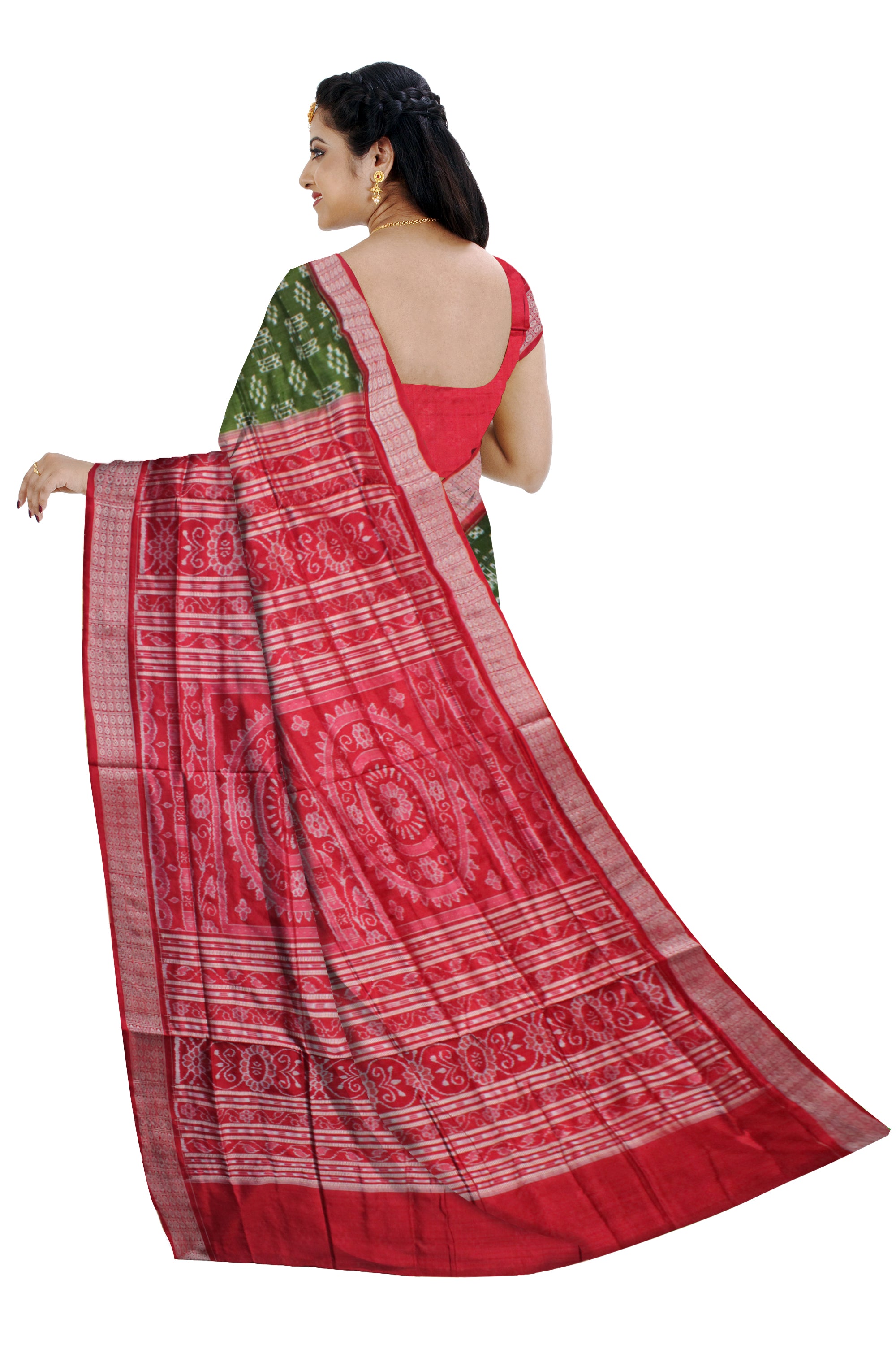 LIGHT GREEN AND RED COLOR PURE SILK SAREE, WITH MATCHING BLOUSE PIECE. - Koshali Arts & Crafts Enterprise