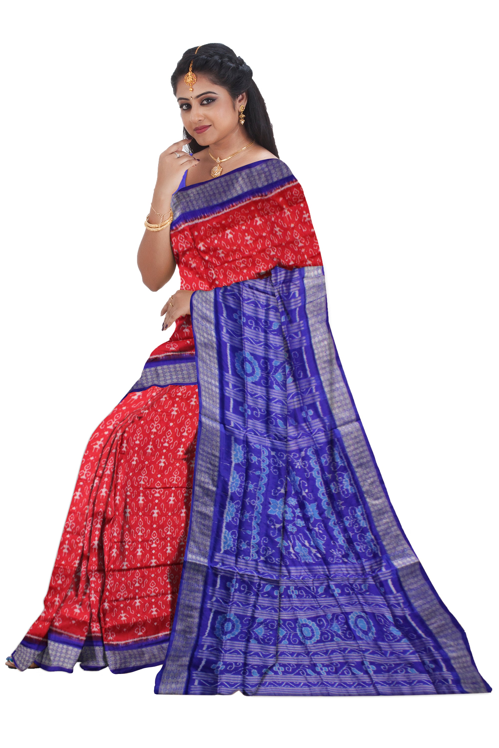 RED AND BLUE COLOR SMALL TERRACOTTA PATTERN PURE SILK SAREE,WITH MATCHING BLOUSE PIECE. - Koshali Arts & Crafts Enterprise