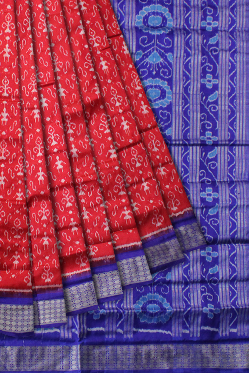 RED AND BLUE COLOR SMALL TERRACOTTA PATTERN PURE SILK SAREE,WITH MATCHING BLOUSE PIECE. - Koshali Arts & Crafts Enterprise