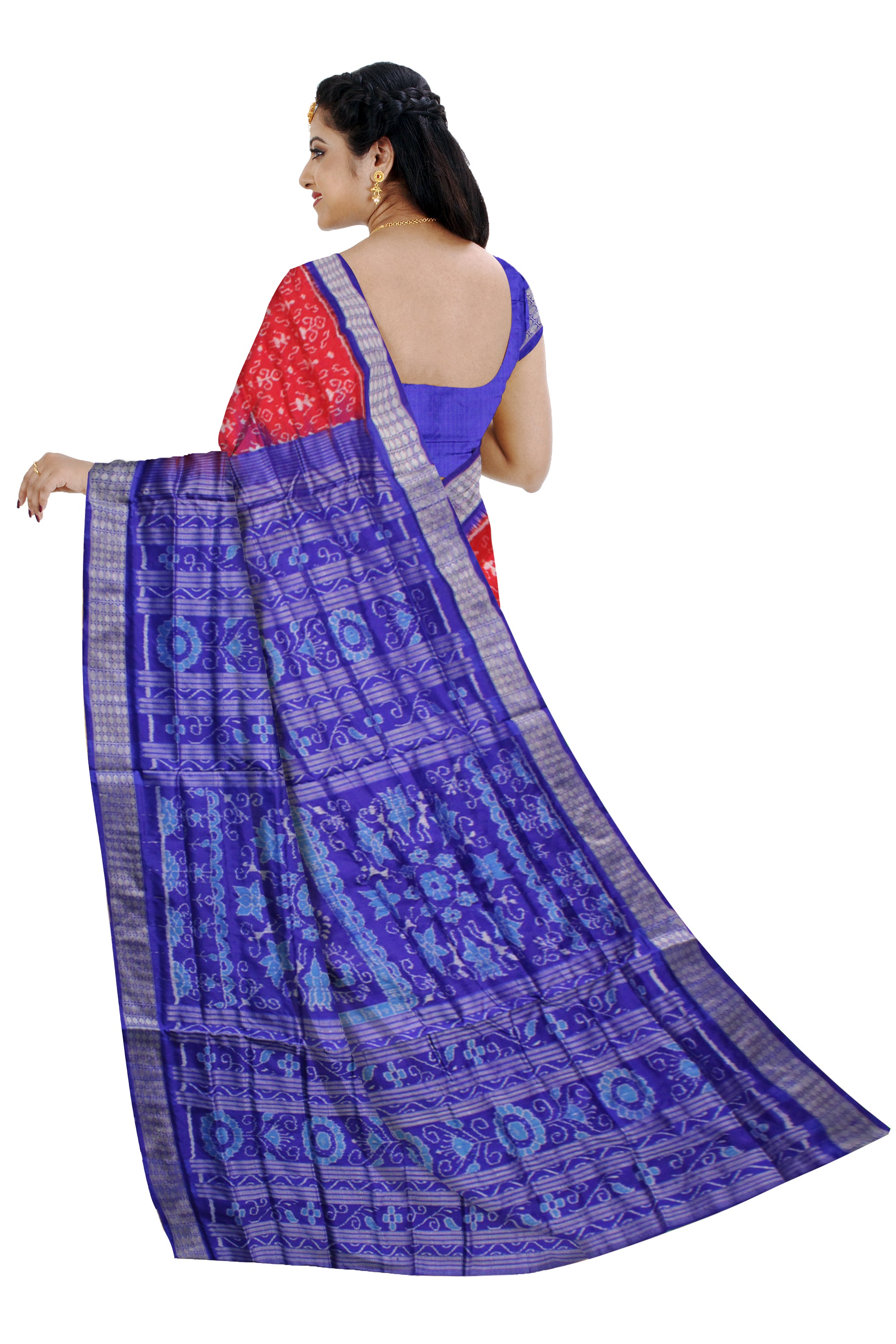 RED AND BLUE COLOR SMALL TERRACOTTA PATTERN PURE SILK SAREE,WITH MATCHING BLOUSE PIECE. - Koshali Arts & Crafts Enterprise