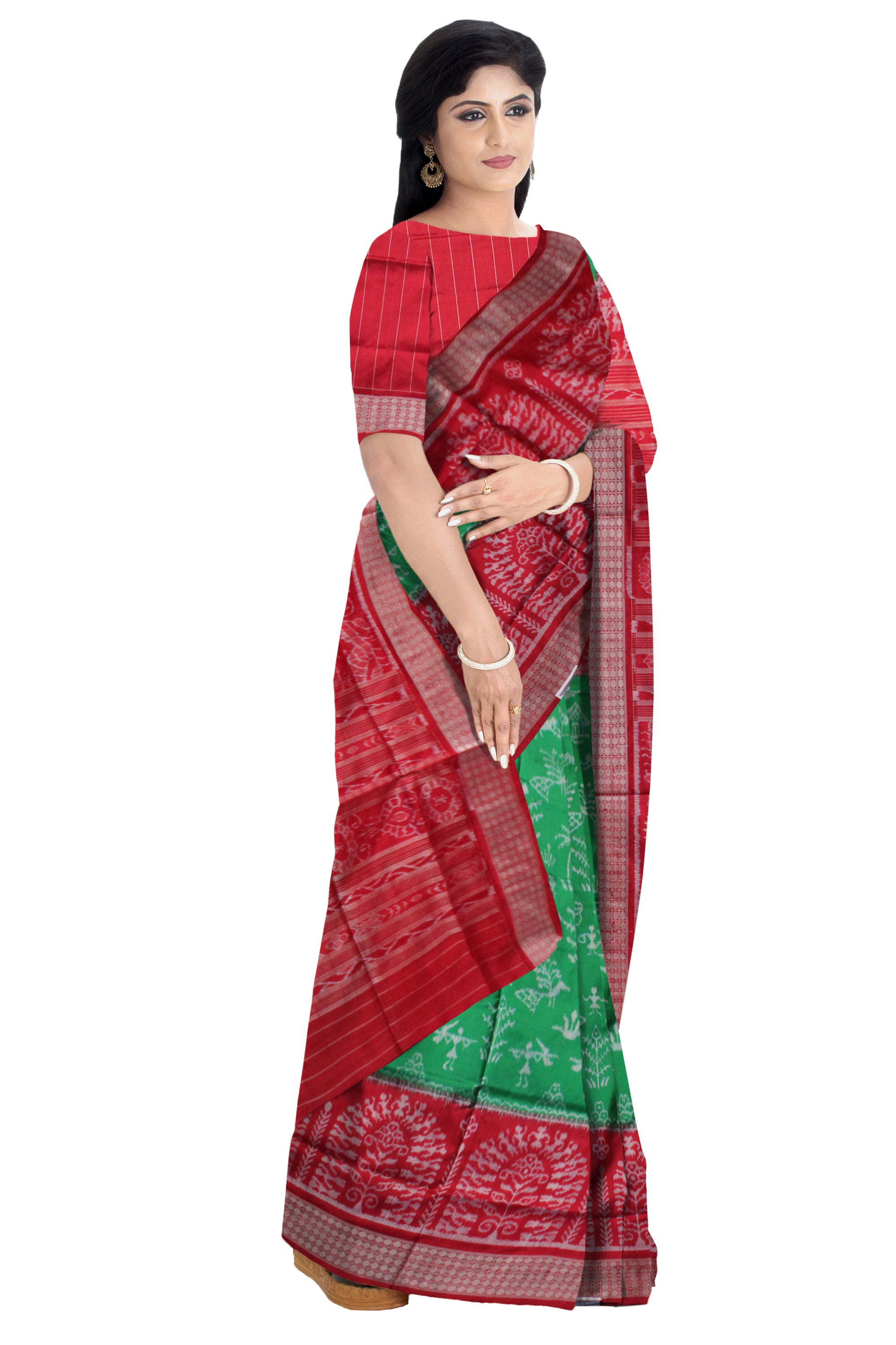 LIGHT GREEN AND RED COLOR TERRACOTTA PATTERN PURE SILK SAREE,WITH MATCHING BLOUSE PIECE. - Koshali Arts & Crafts Enterprise