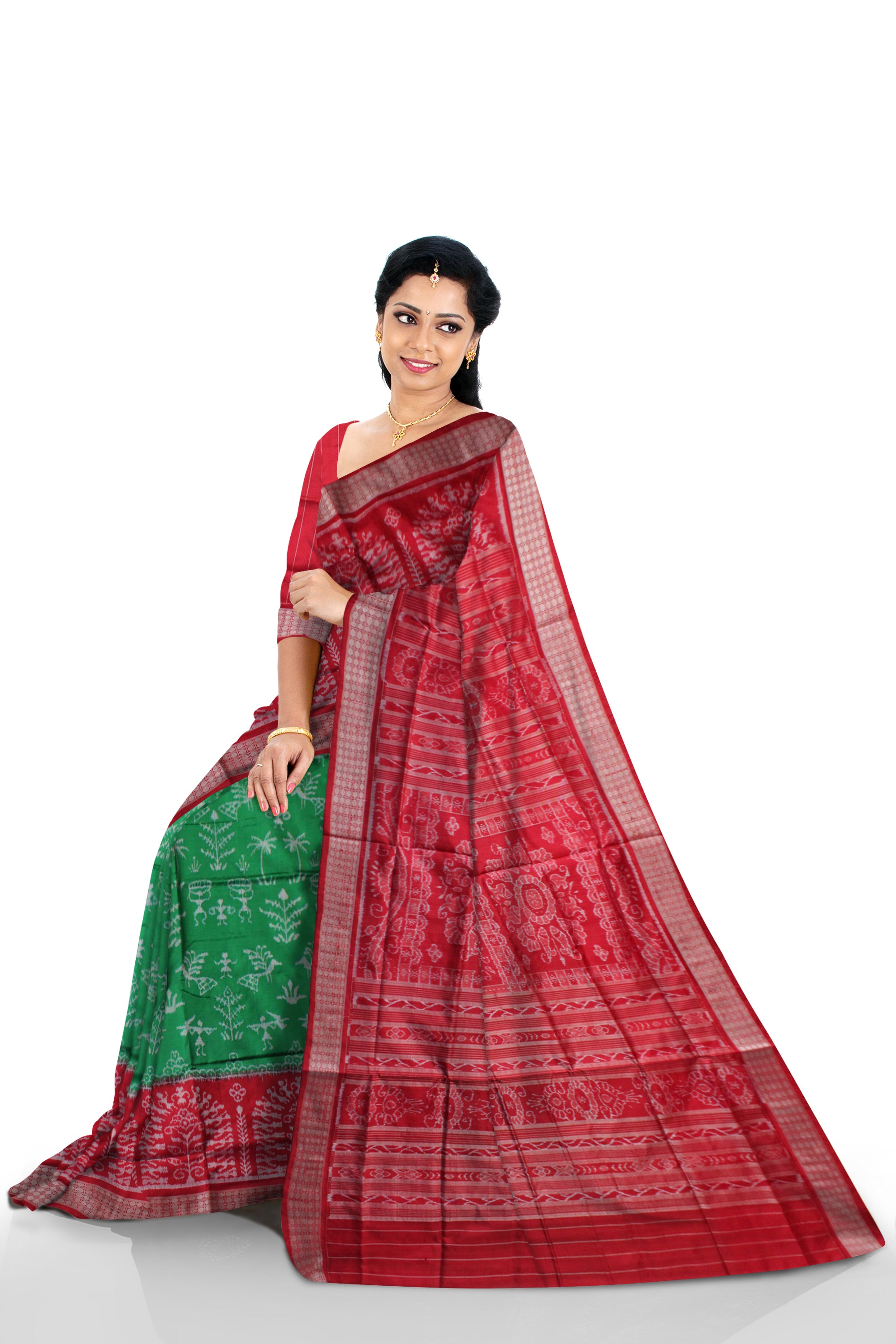 LIGHT GREEN AND RED COLOR TERRACOTTA PATTERN PURE SILK SAREE,WITH MATCHING BLOUSE PIECE. - Koshali Arts & Crafts Enterprise