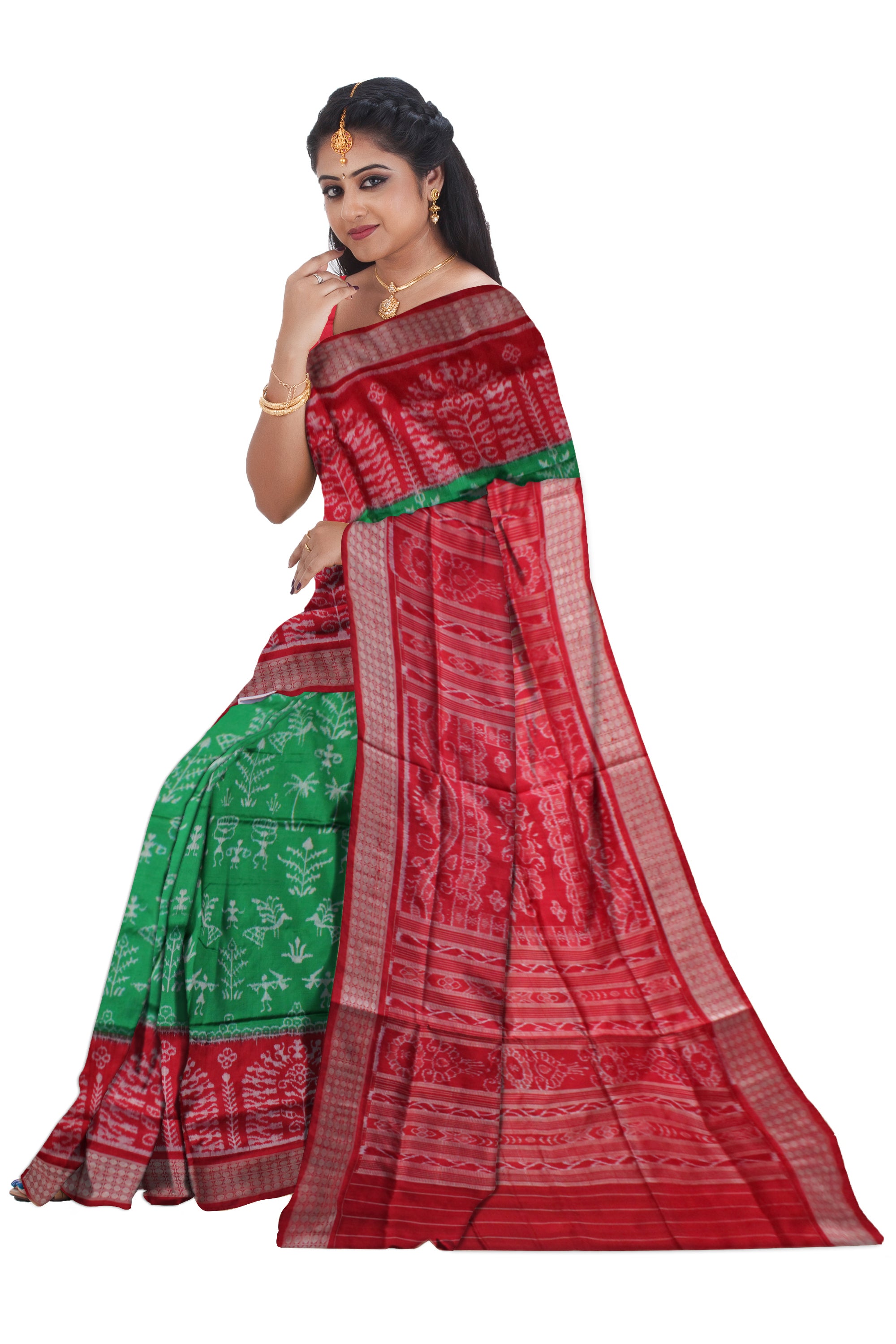 LIGHT GREEN AND RED COLOR TERRACOTTA PATTERN PURE SILK SAREE,WITH MATCHING BLOUSE PIECE. - Koshali Arts & Crafts Enterprise