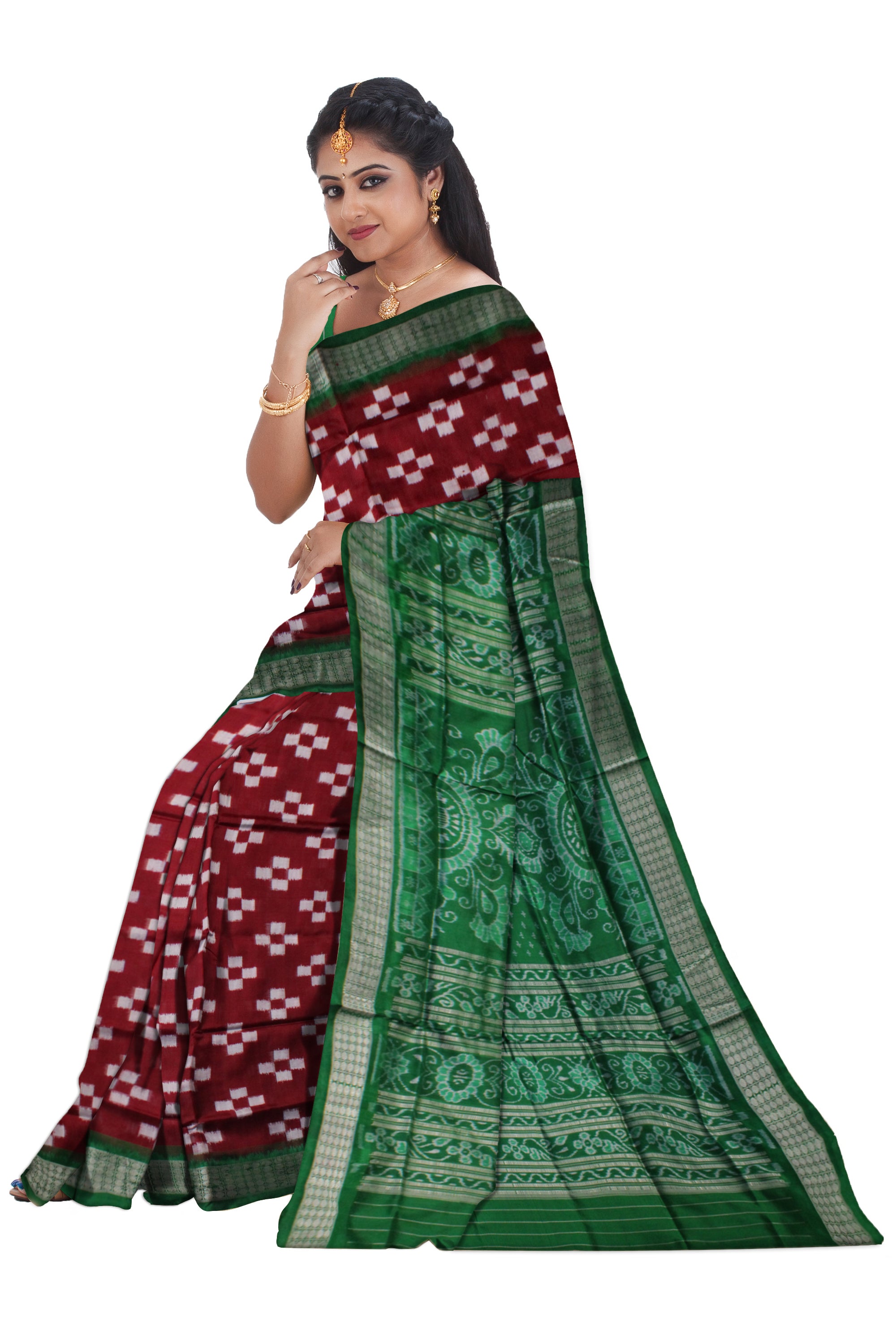 COFFEE WITH GREEN COLOR FULL BODY PASAPALI PATTERN PURE SILK SAREE,COMES WITH MATCHING BLOUSE PIECE. - Koshali Arts & Crafts Enterprise