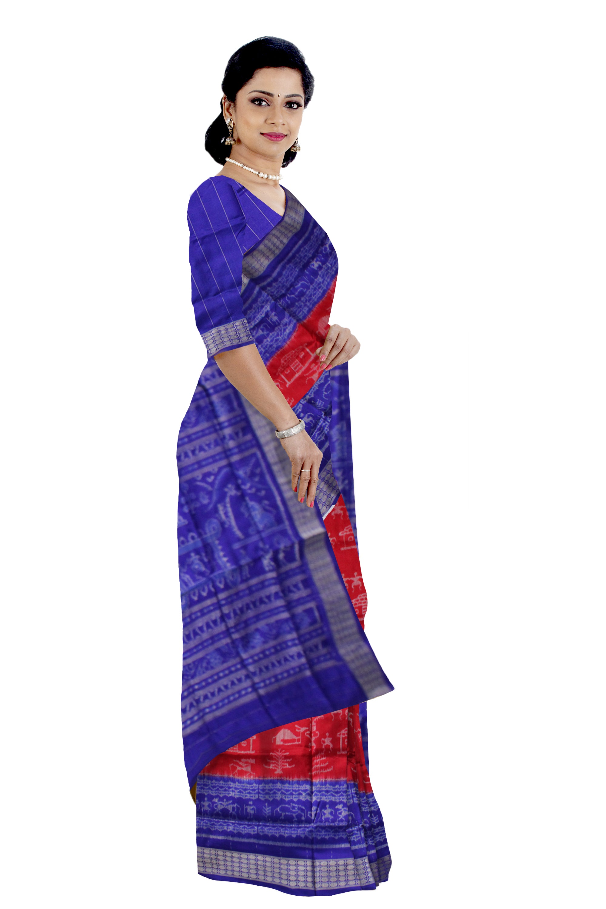 TRADITIONAL VILLAGE PATTERN  PALLU WITH BODY TERRACOTTA PATTERN PURE SILK SAREE IS RED AND BLUE COLOR BASE,COMES WITH MATCHING BLOUSE PIECE. - Koshali Arts & Crafts Enterprise
